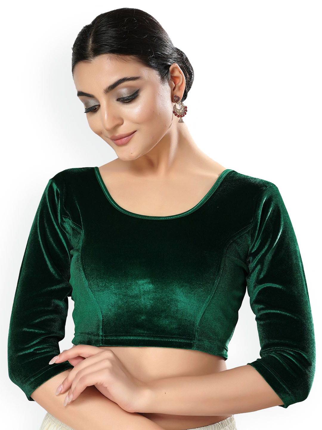 

SALWAR STUDIO Round Neck Stretchable Velvet Saree Blouse, Green