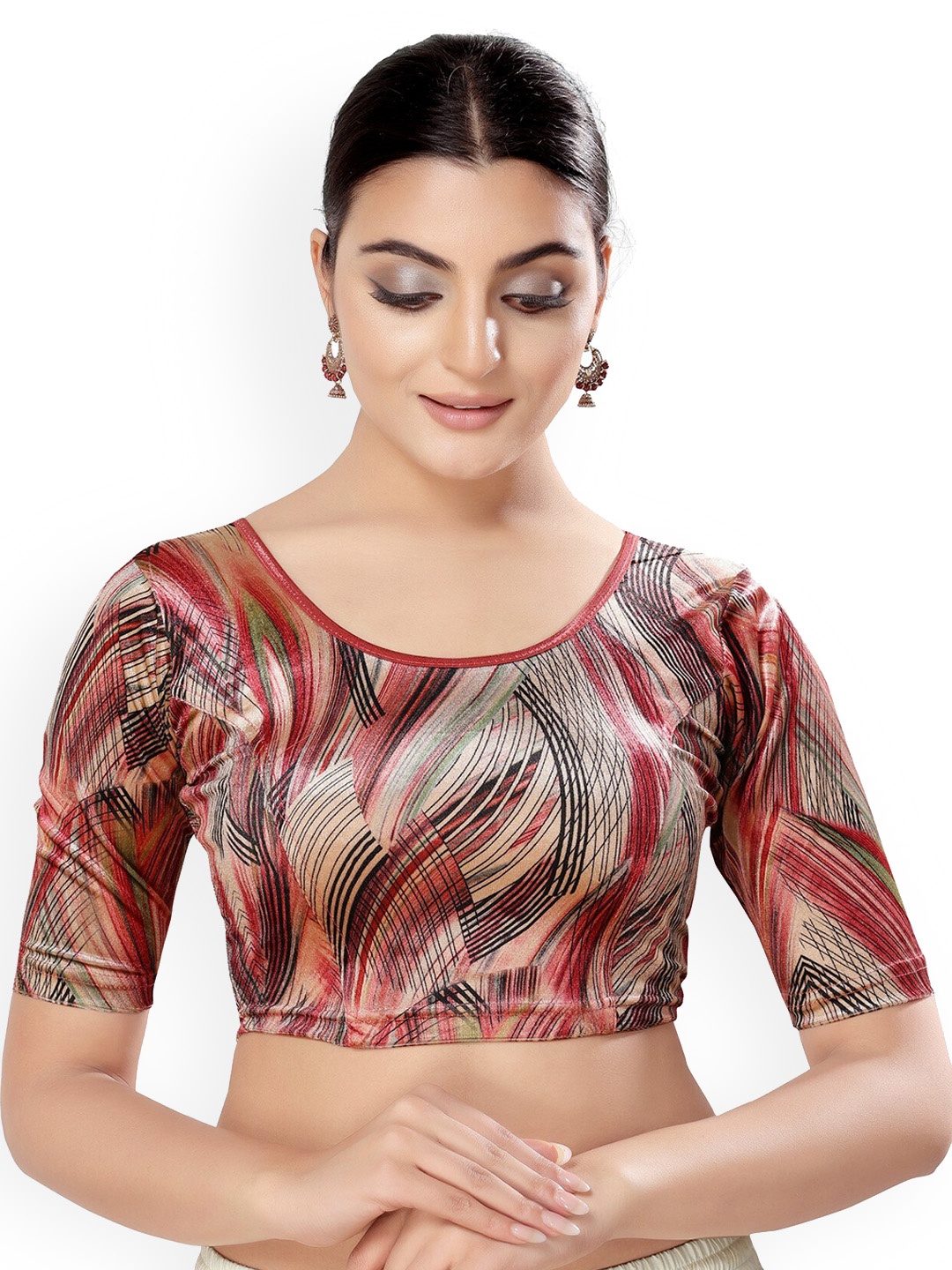 

SALWAR STUDIO Abstract Printed Round Neck Stretchable Velvet Saree Blouse, Maroon