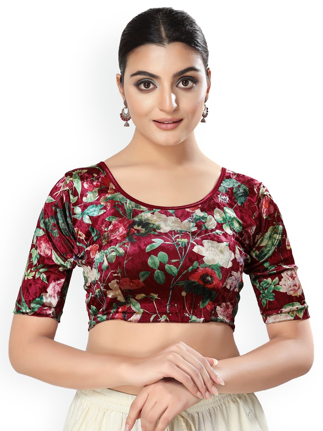 

SALWAR STUDIO Floral Printed Round Neck Stretchable Velvet Saree Blouse, Maroon