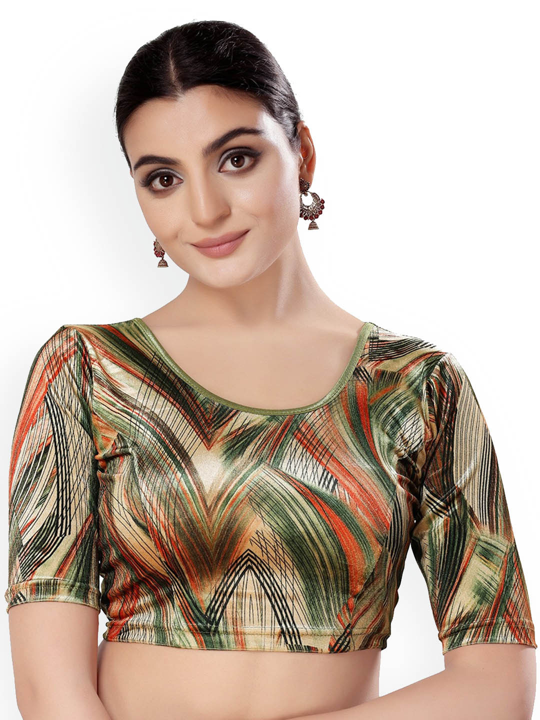 

SALWAR STUDIO Abstract Printed Round Neck Stretchable Velvet Saree Blouse, Green