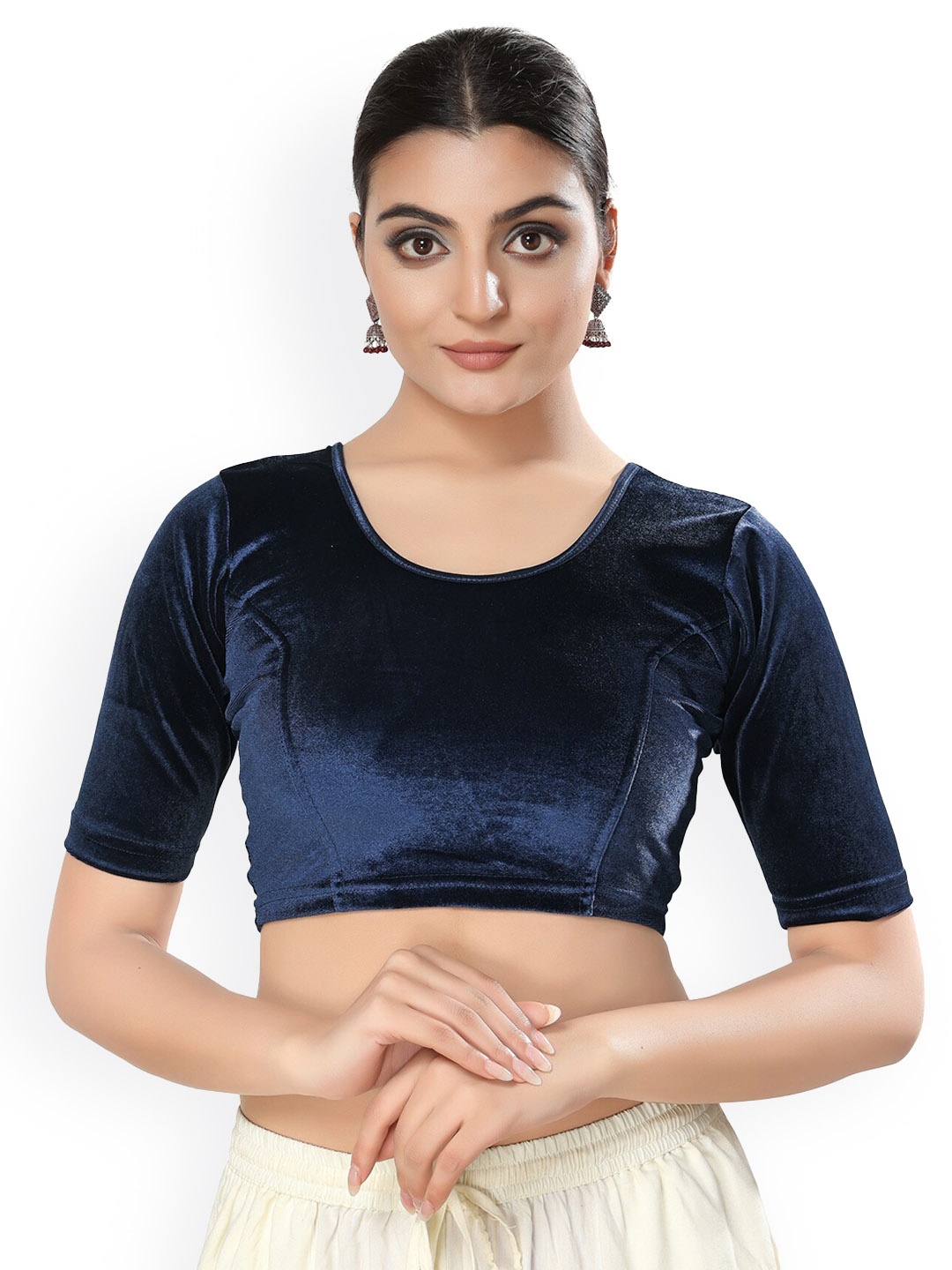 

SALWAR STUDIO Round Neck Stretchable Velvet Saree Blouse, Navy blue
