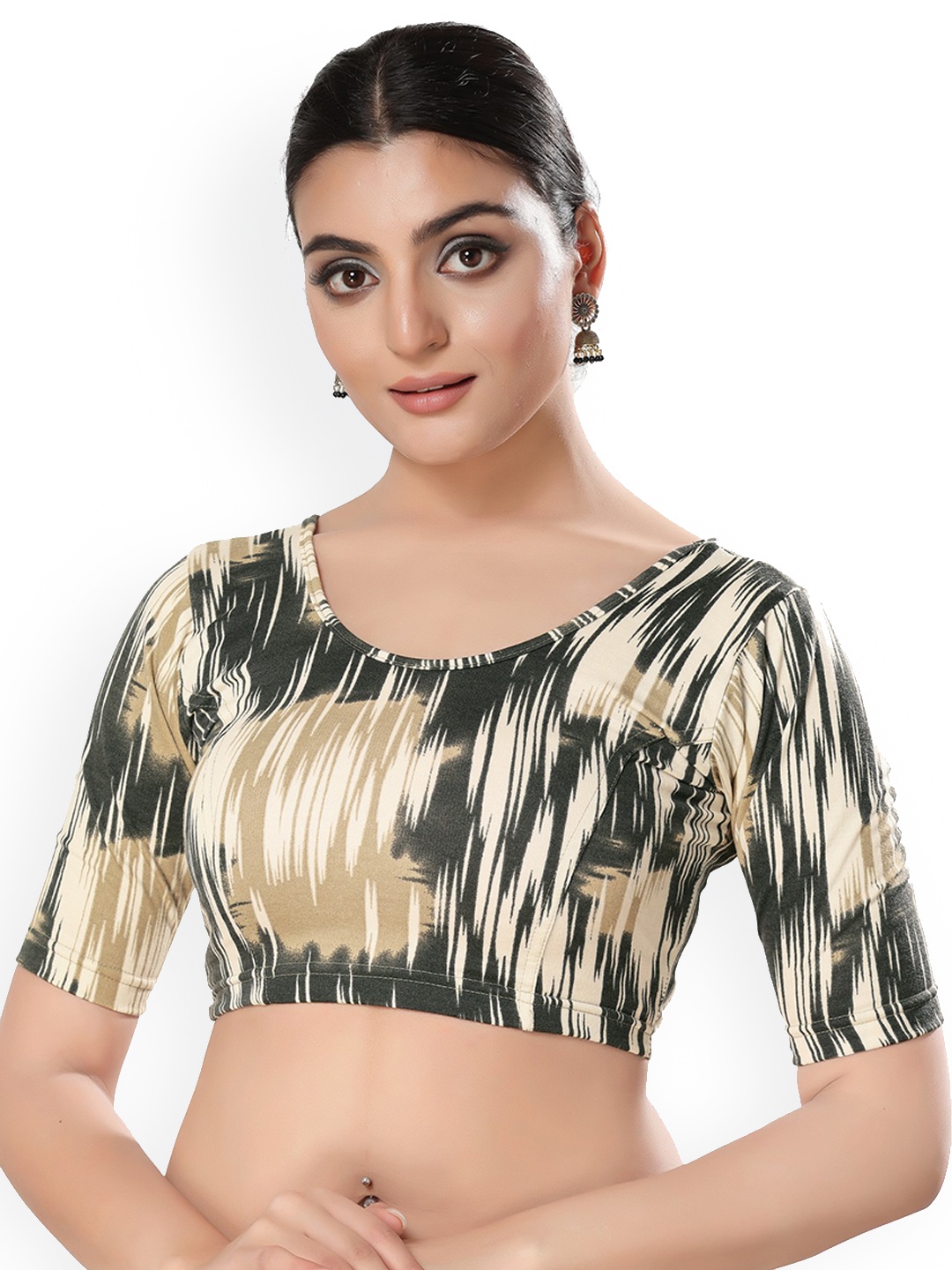 

SALWAR STUDIO Abstract Printed Round Neck Stretchable Saree Blouse, Beige