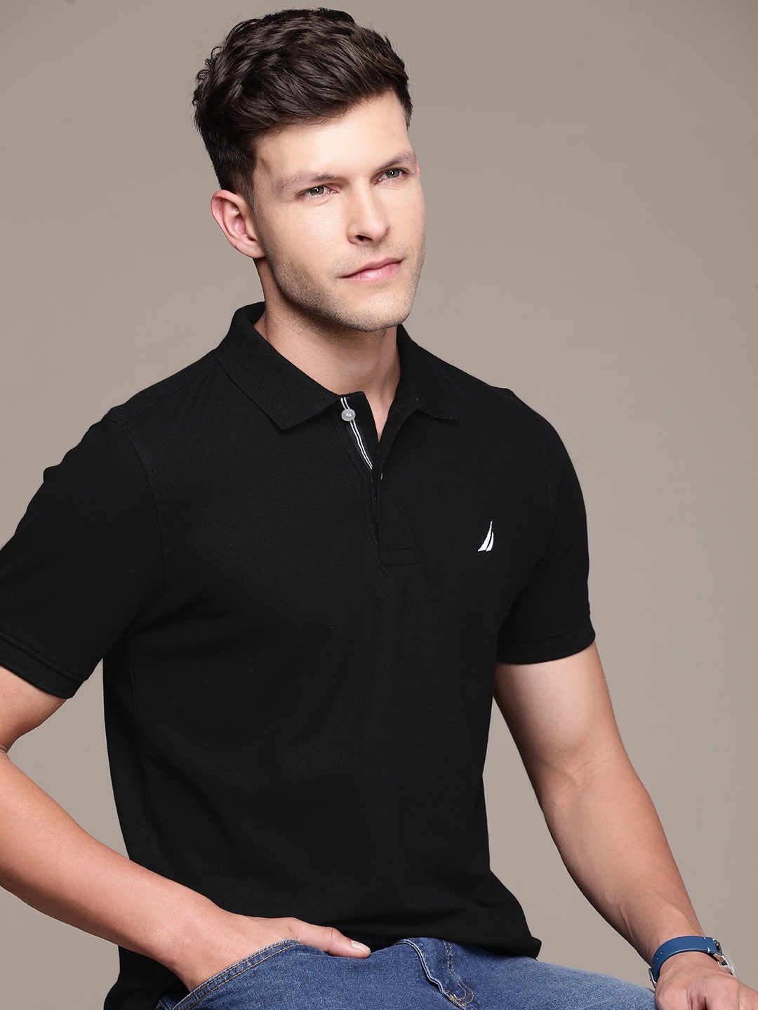 

Nautica Embroidered Polo Collar Pure Cotton T-shirt, Black
