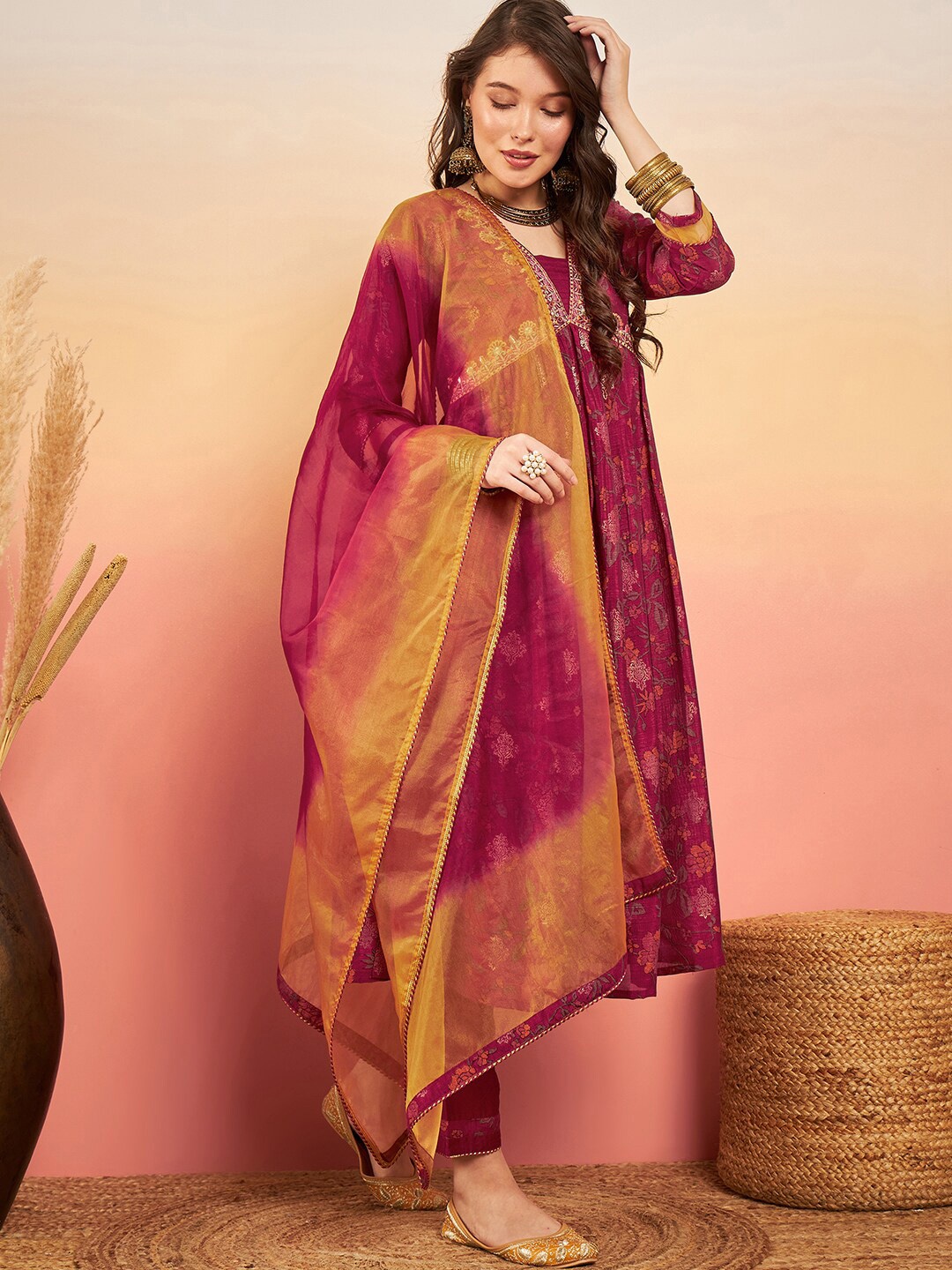 

Sangria Floral Embroidered Thread Work Sequinned A Line Kurta With Trousers And Dupatta, Maroon