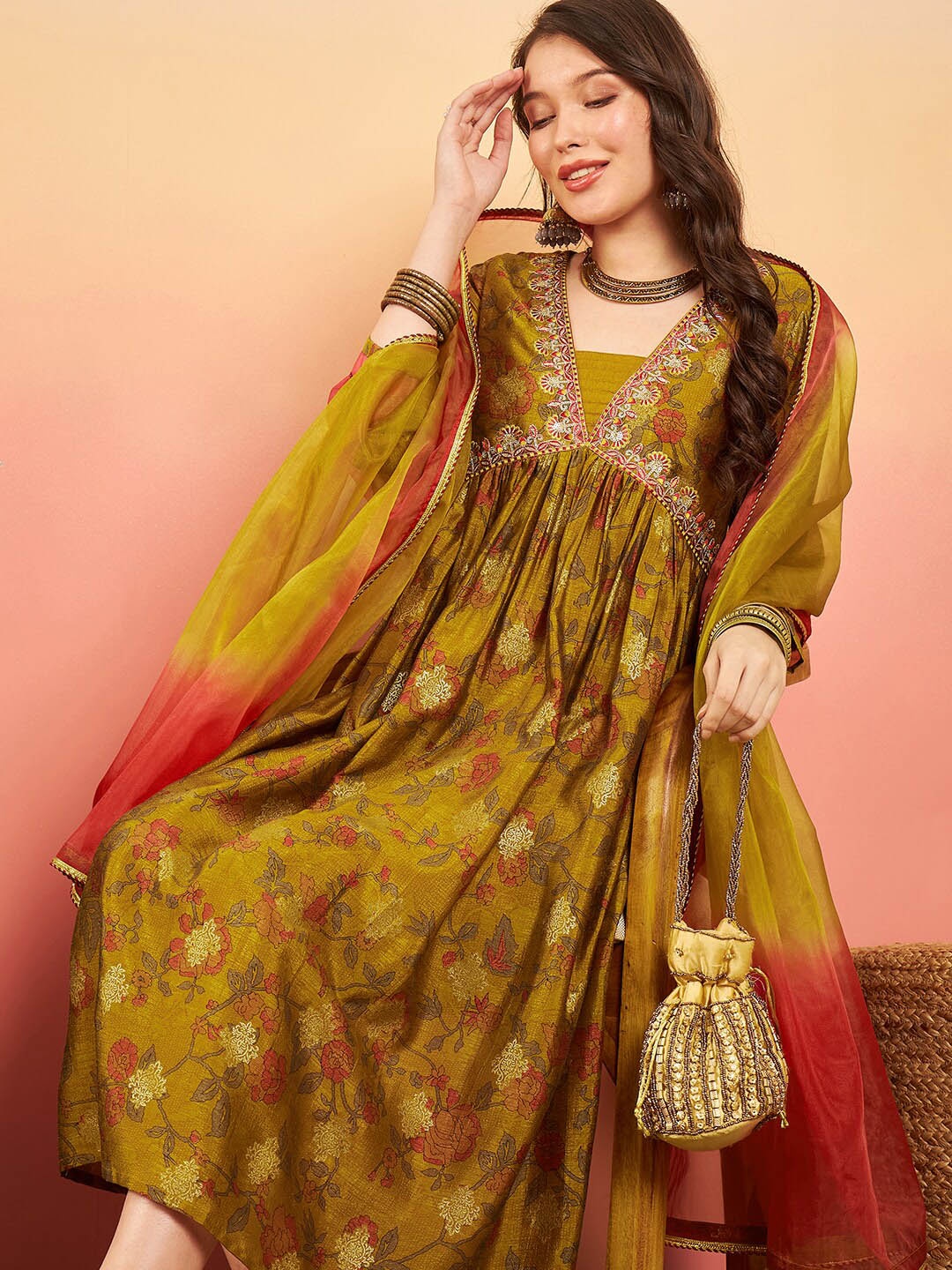 

Sangria Floral Embroidered Square Neck A Line Empire Kurta Set With Dupatta, Yellow