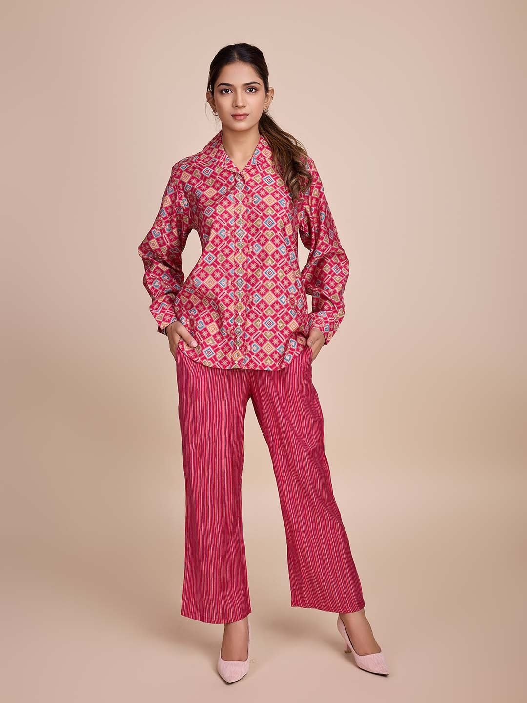 

HOUSE OF MIRA Printed Shirt With Trousers, Pink