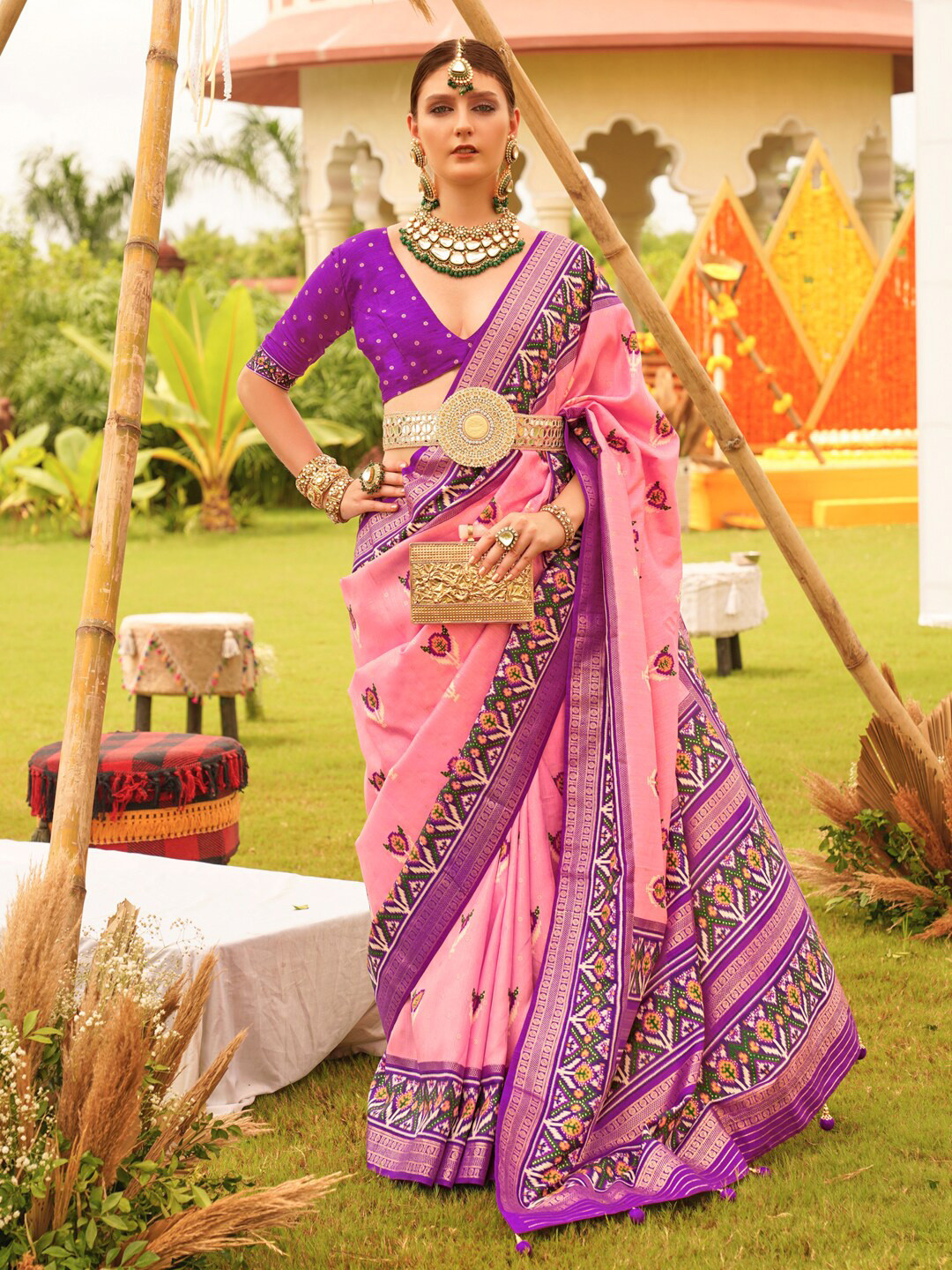 

Anouk Ethnic Motifs Printed Patola Saree, Pink