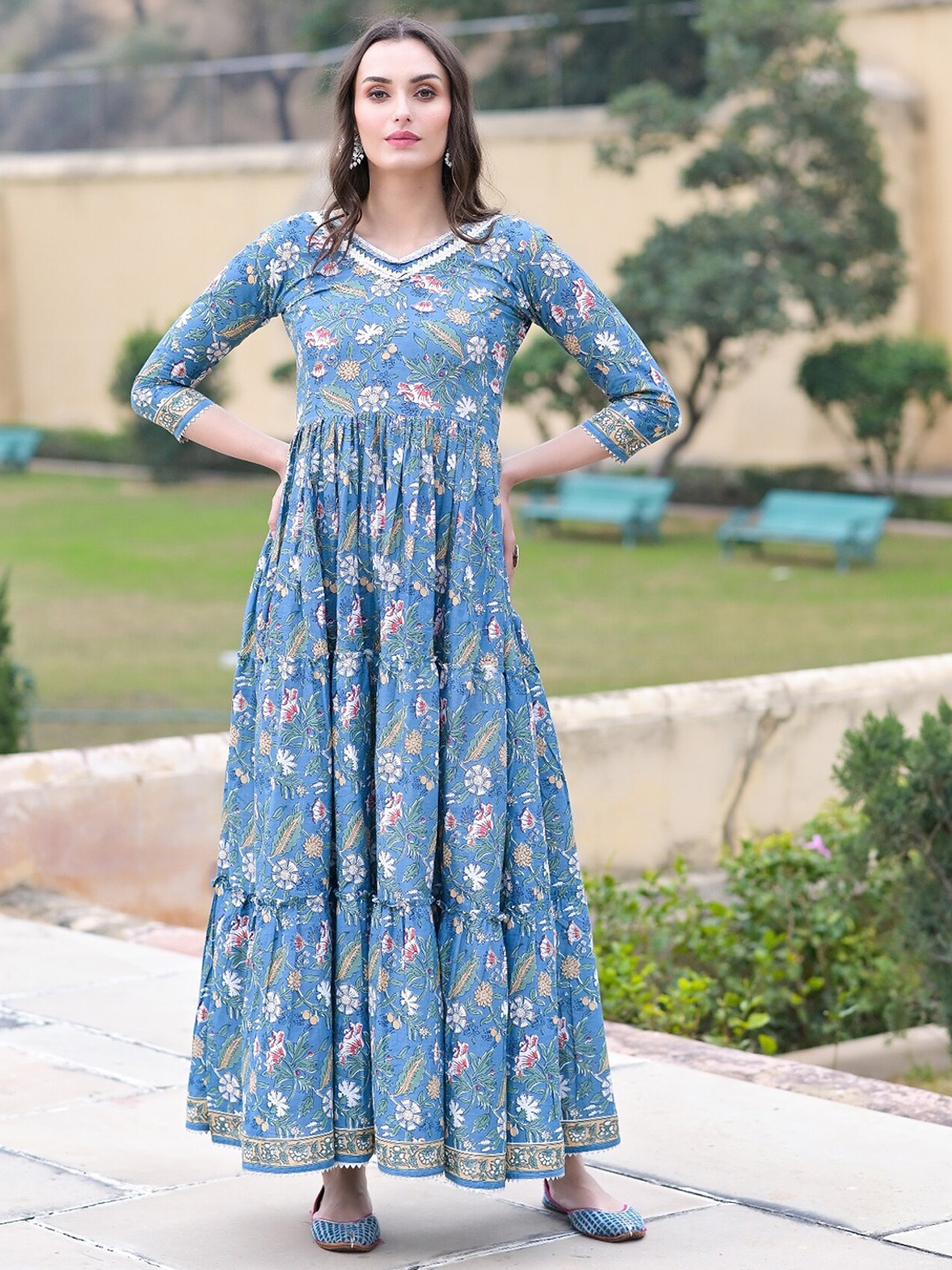 

The Kapas Floral Printed Pure Cotton Tiered Fit & Flare Cotton Ethnic Dress, Blue