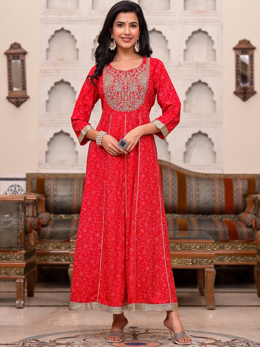 

The Kapas Floral Embroidered Pure Cotton Fit & Flared Ethnic Dresses, Red
