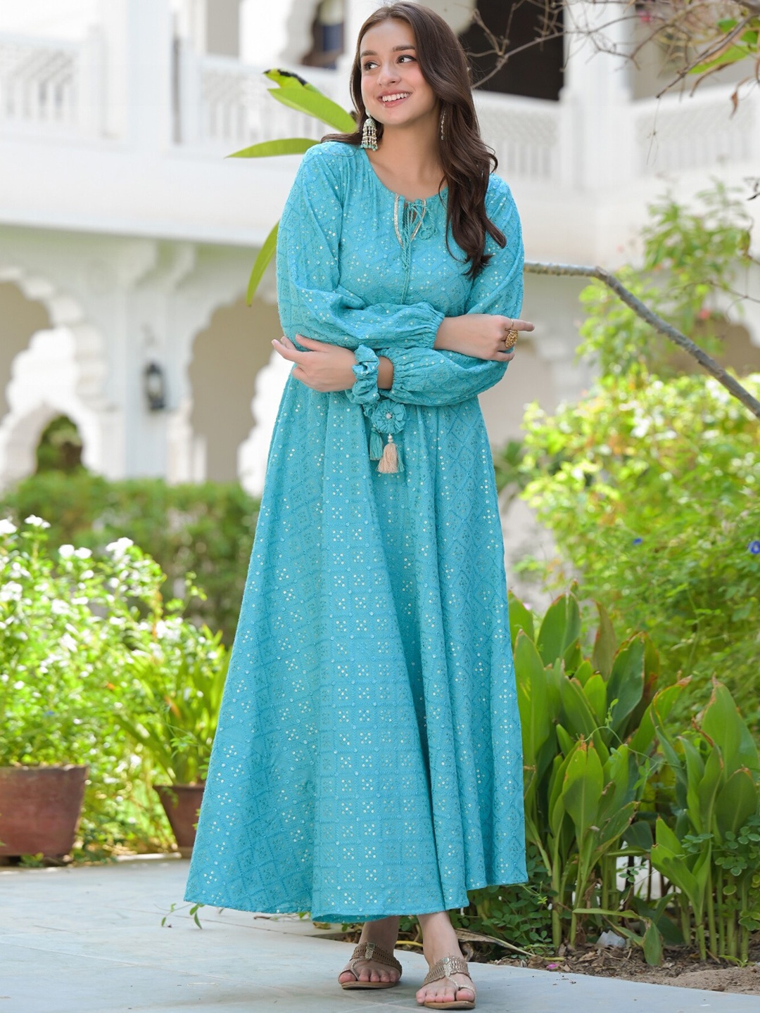 

The Kapas Embroidered Cotton Fit & Flared Maxi Ethnic Dresses, Blue