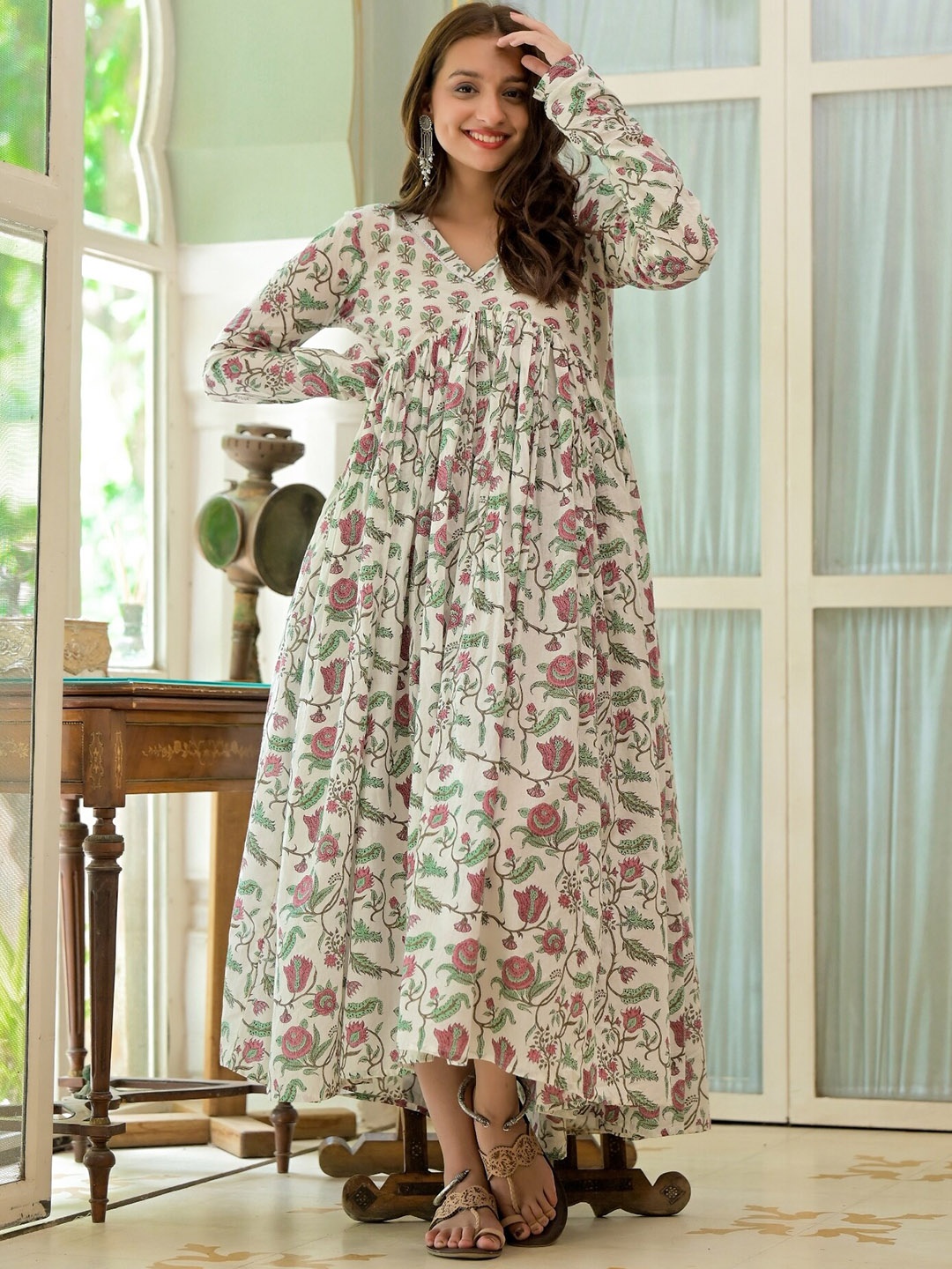 

The Kapas Floral Printed Cotton Empire Maxi Ethnic Dresses, Off white