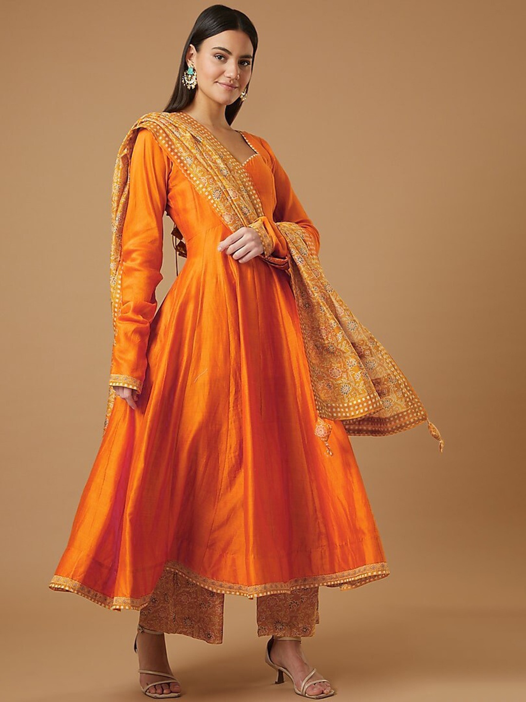 

KALINI Sweetheart Neck Chanderi Cotton Anarkali Kurta & Palazzos & With Dupatta, Orange