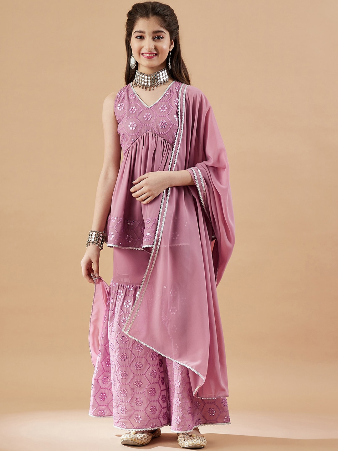

Cherry & Jerry Girls Embroidered Regular Mirror Work Kurti With Sharara & Dupatta, Pink