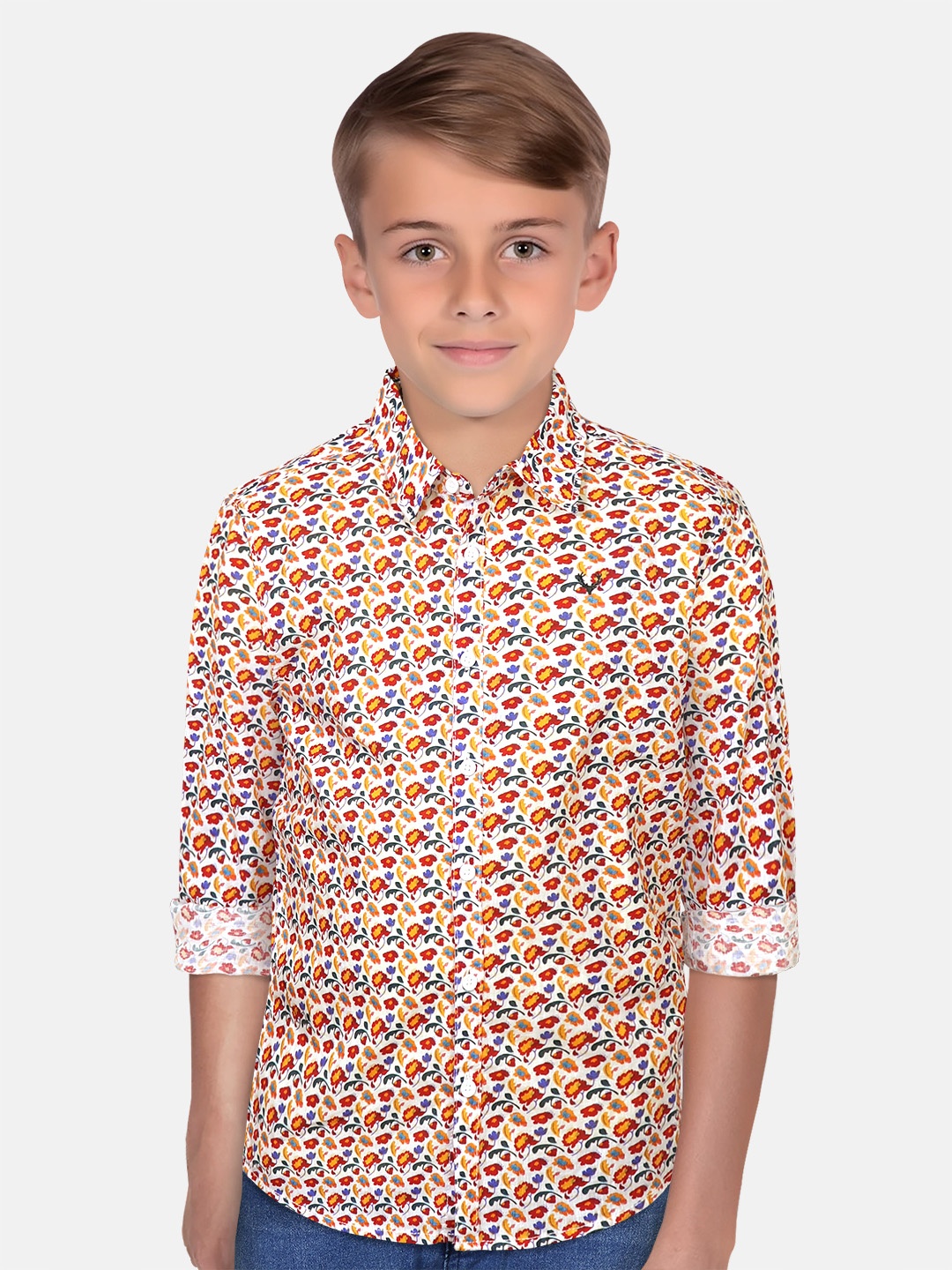 

Allen Solly Junior Boys Slim Fit Floral Printed Roll-Up Sleeves Cotton Casual Shirt, Yellow