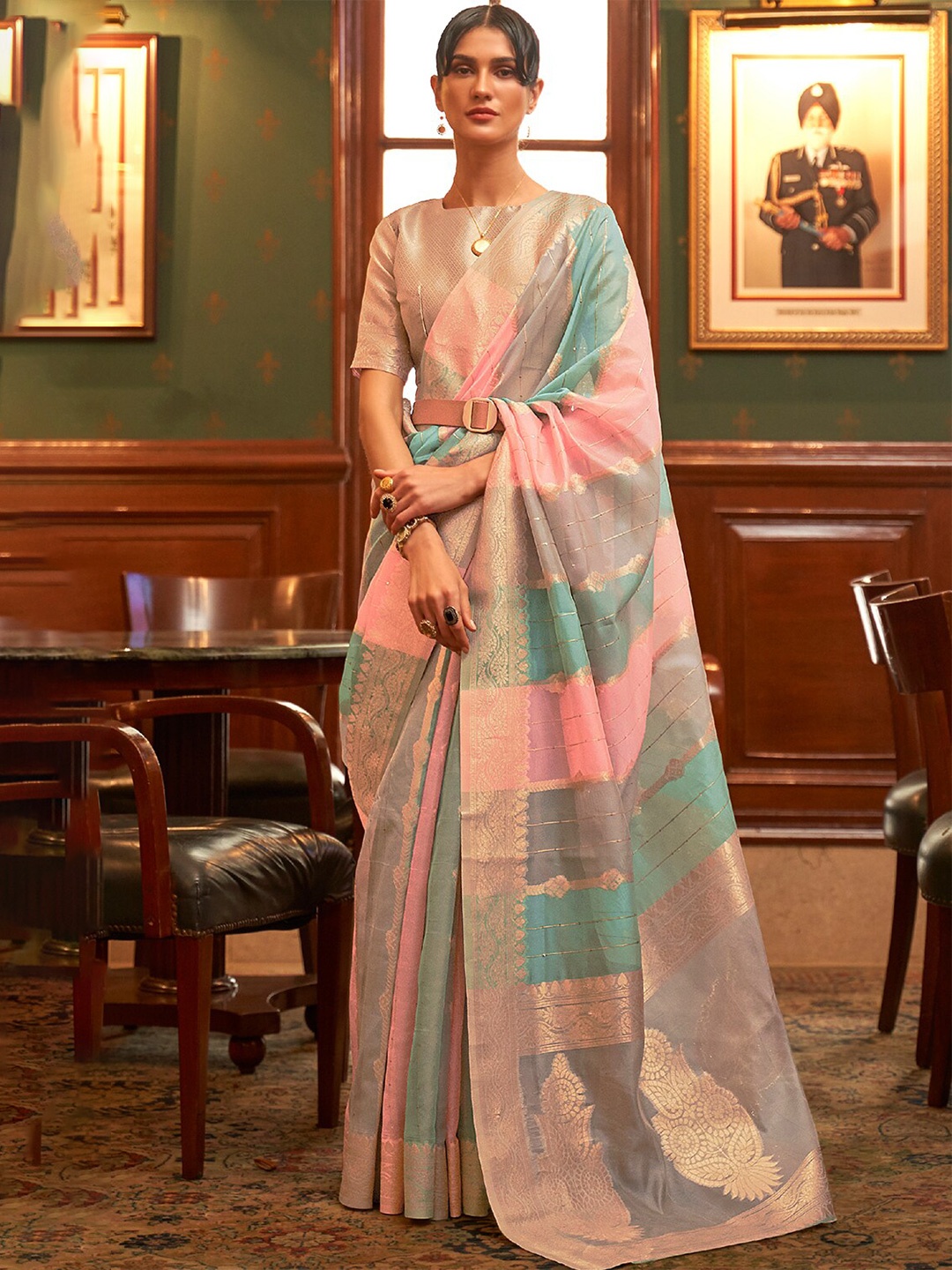 

DEVATITHI Ethnic Motifs Woven Design Organza Saree, Grey
