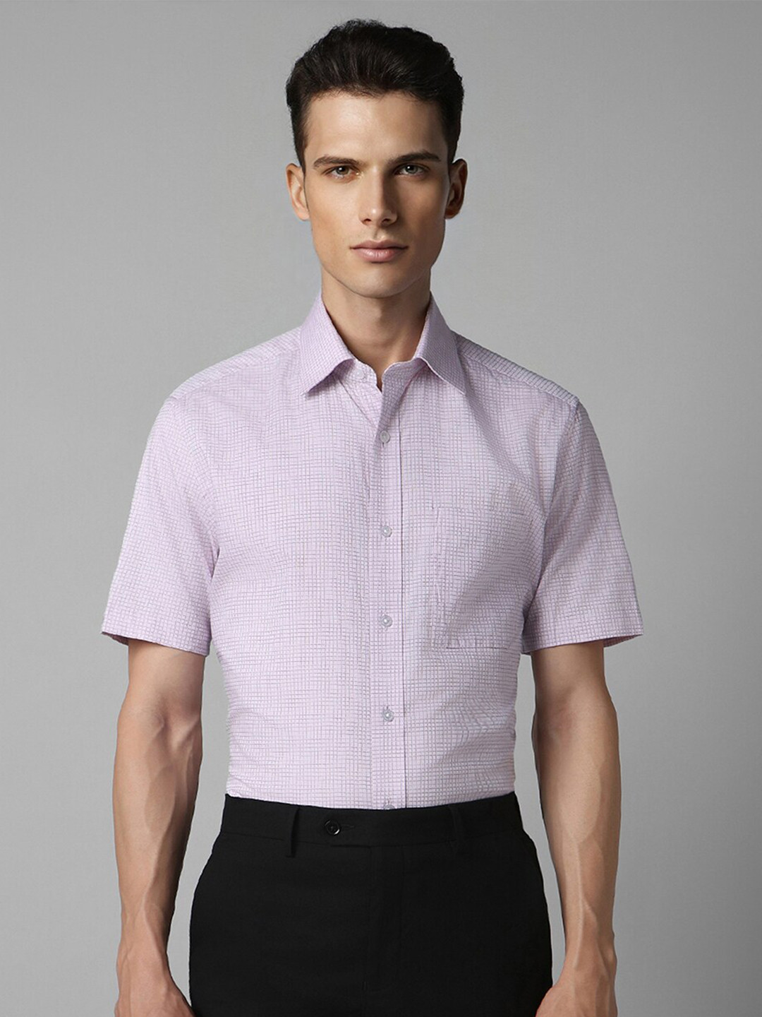 

Louis Philippe Classic Fit Micro Checked Short Sleeves Pure Cotton Formal Shirt, Purple