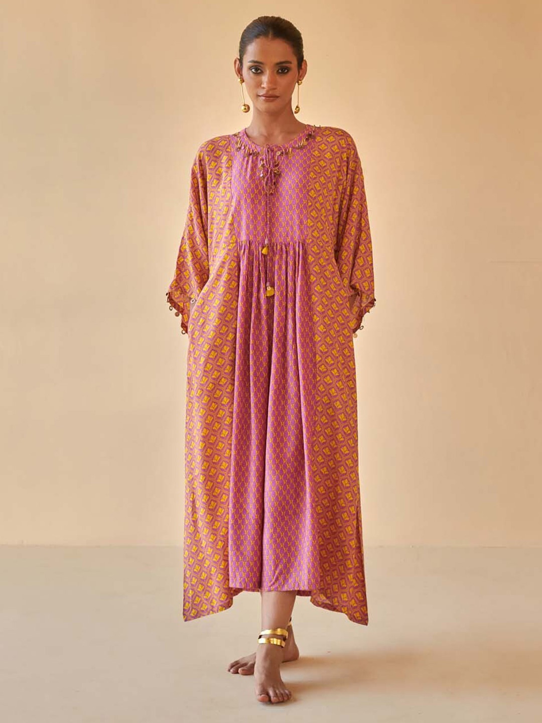 

Prakriti Jaipur Ethnic Motifs Printed Sequinned Detailed Cotton A-Line Dress, Pink