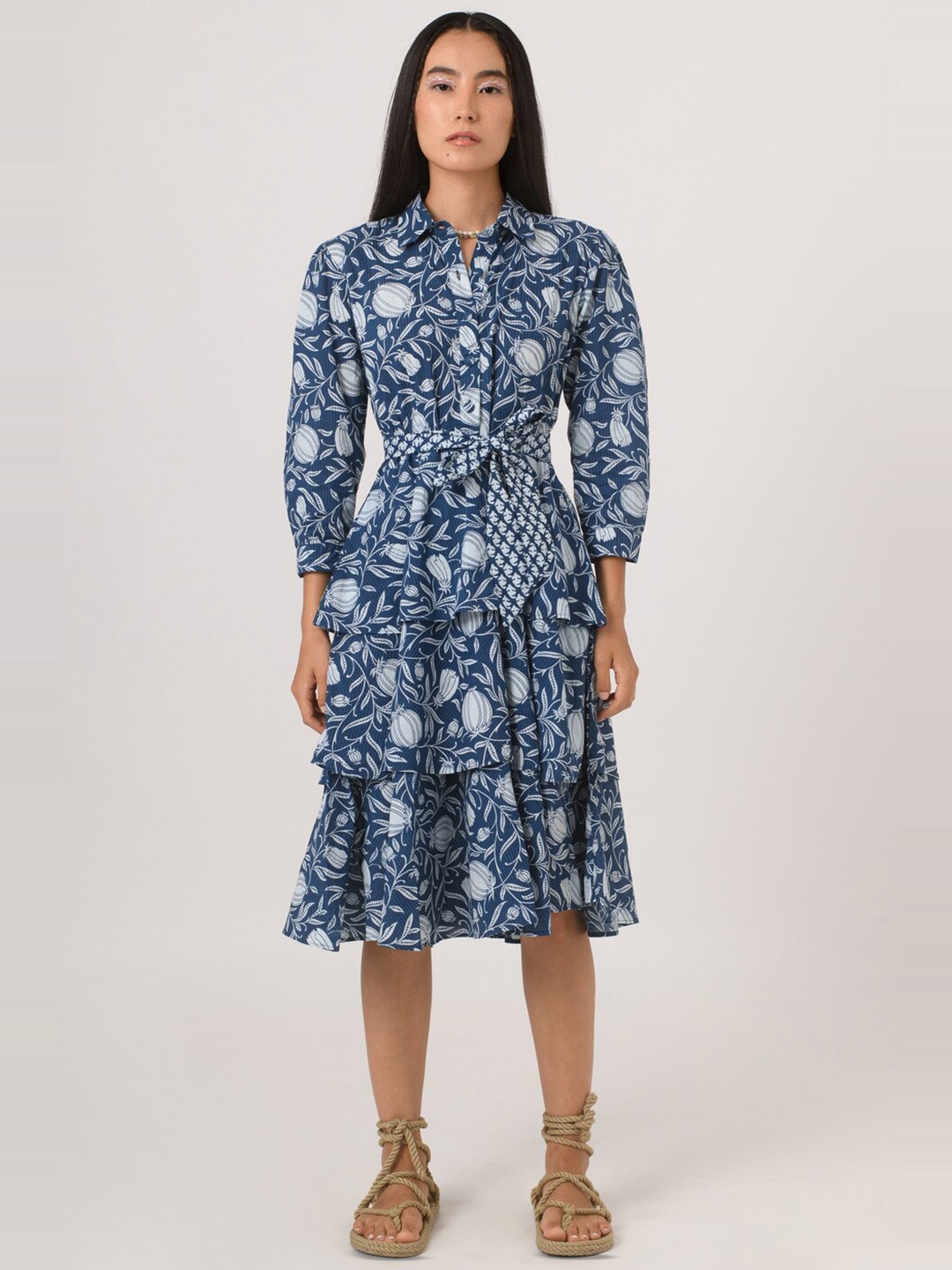 

Prakriti Jaipur Floral Printed Shirt Collar Cotton A-Line Dress, Blue