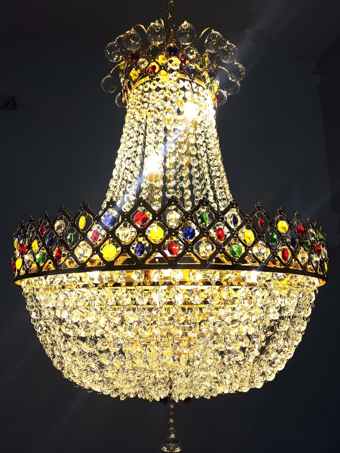 

SHRI MAHAL ANTIQUES Gold Toned & Blue Textured Metal Crystal Big Size Jhumar Ceiling Lamp