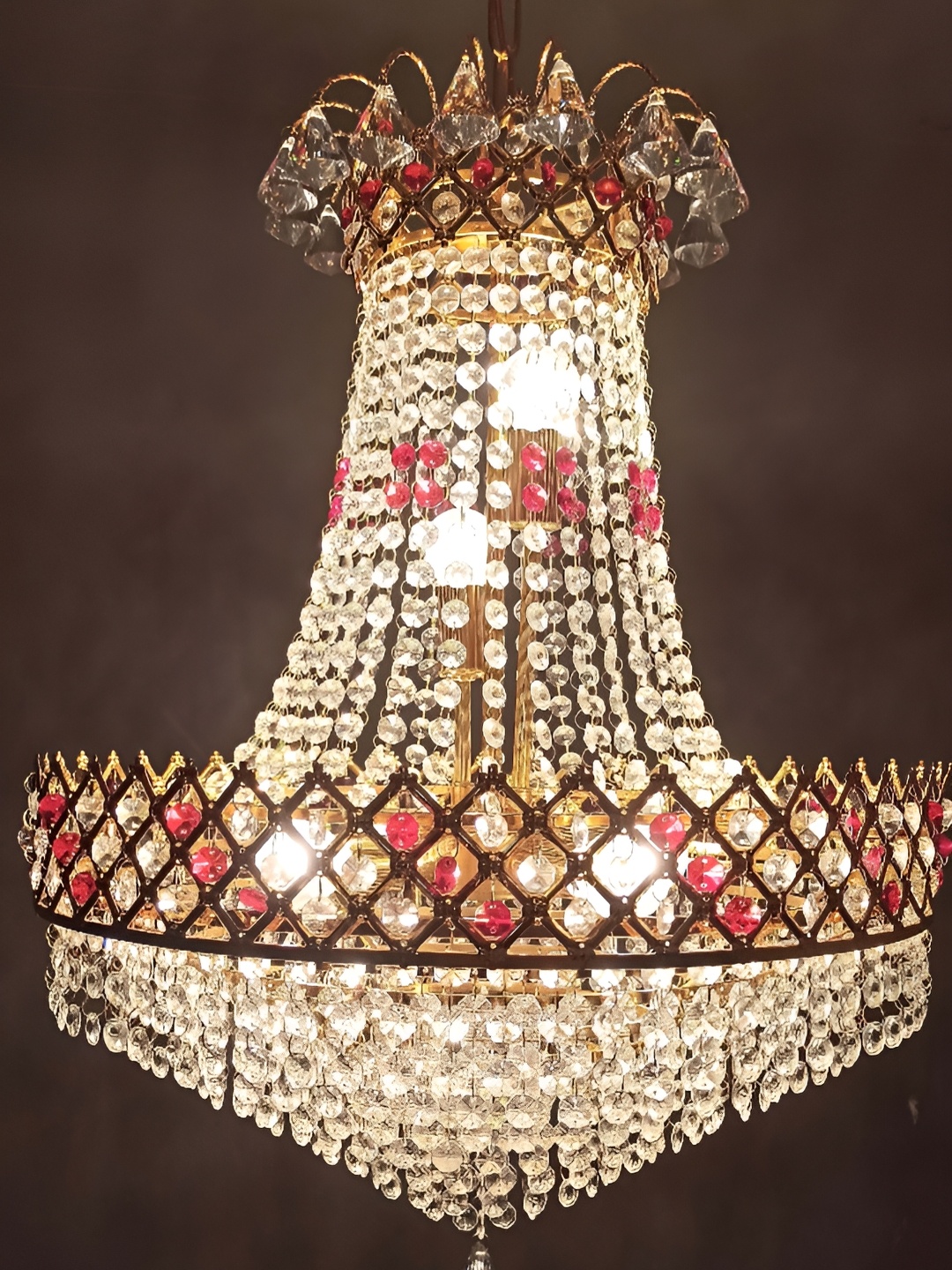 

SHRI MAHAL ANTIQUES Gold Toned & Red Textured Metal Crystal Big Size Jhumar Ceiling Lamp