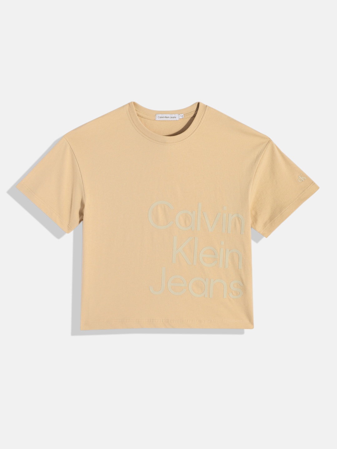 

Calvin Klein Jeans Girls Brand Logo Printed Pure Cotton T-shirt, Beige