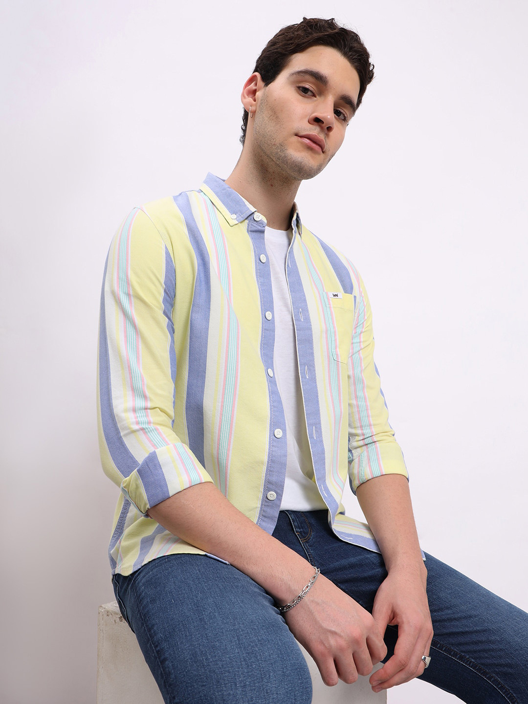 

Lee Men Slim Fit Vertical Striped Pure Cotton Casual Shirt, Yellow