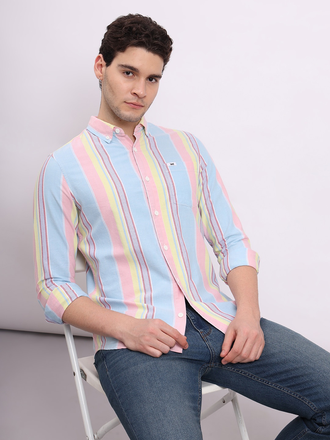 

Lee Slim Fit Vertical Striped Pure Cotton Casual Shirt, Blue