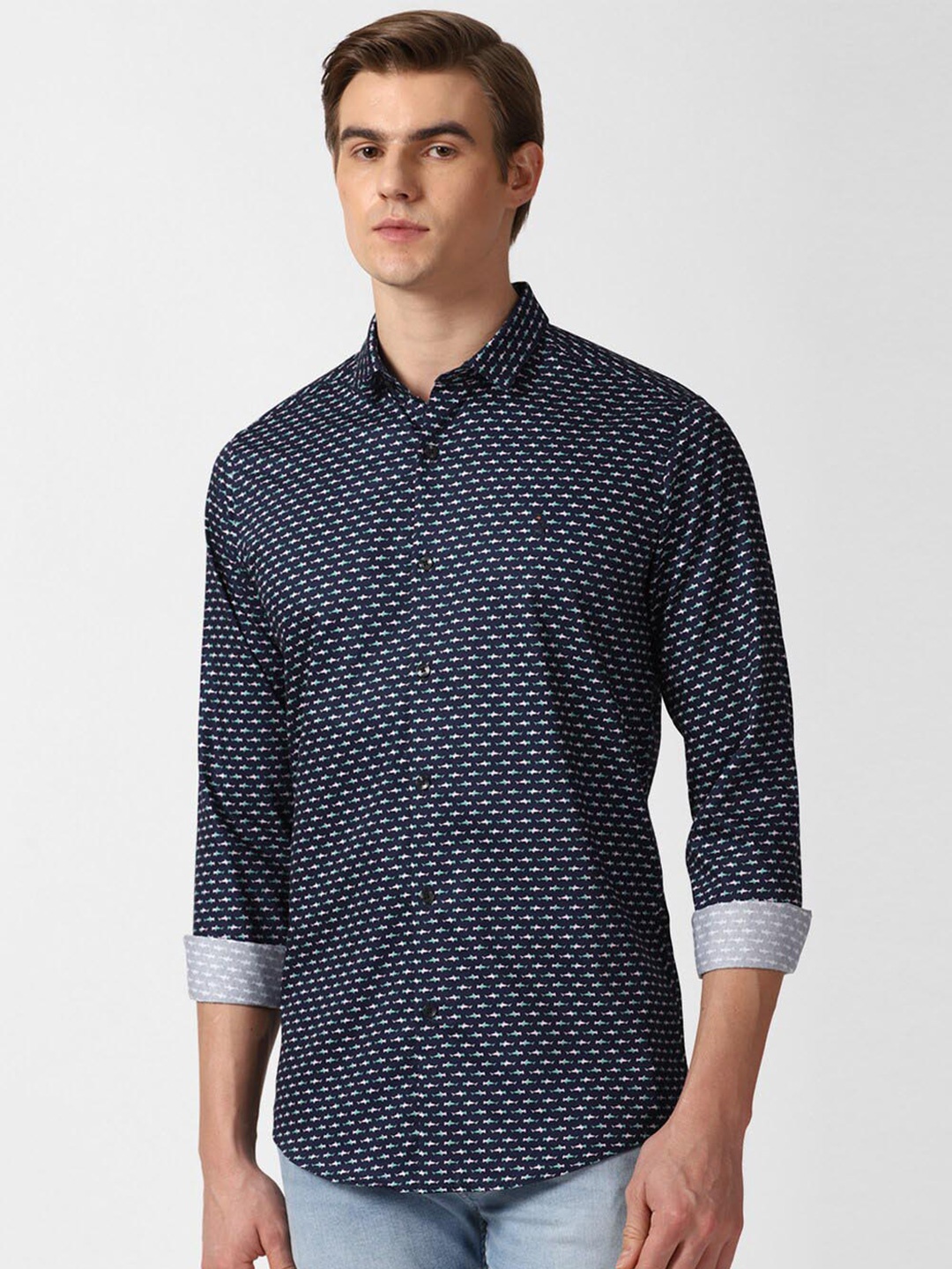 

SIMON CARTER LONDON Slim Fit Micro Ditsy Printed Spread Collar Cotton Casual Shirt, Navy blue