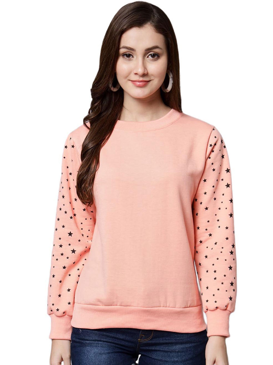 

Funday Fashion Conversational Printed Round Neck Fleece Pullover Sweatshirt, Peach