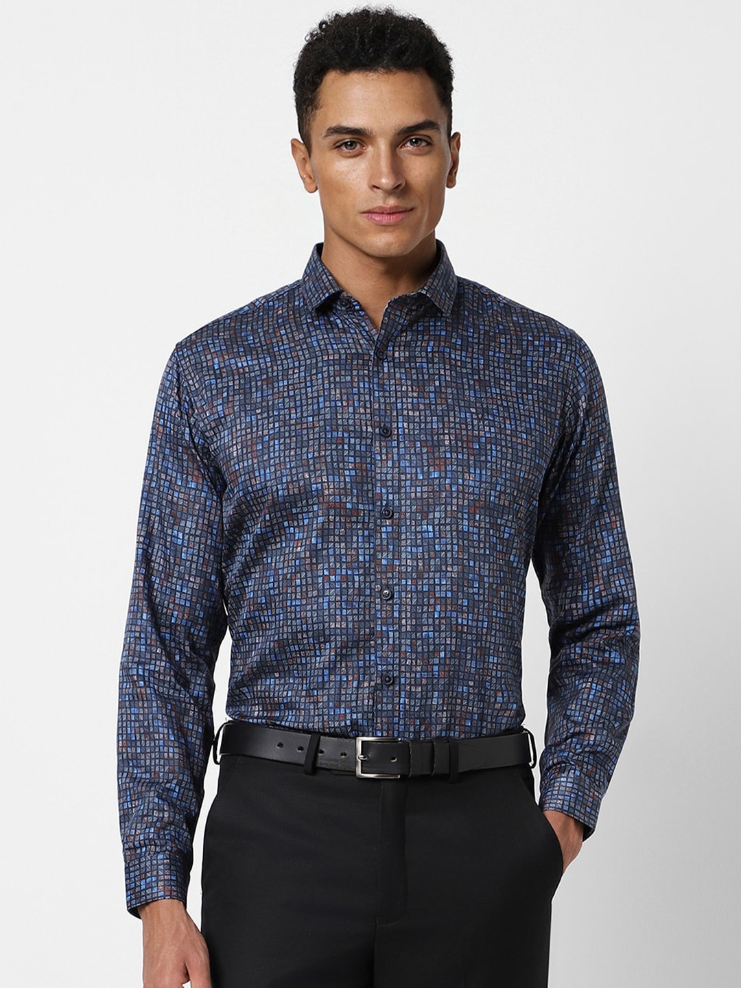 

V Dot Slim Fit Micro Checked Pure Cotton Formal Shirt, Navy blue