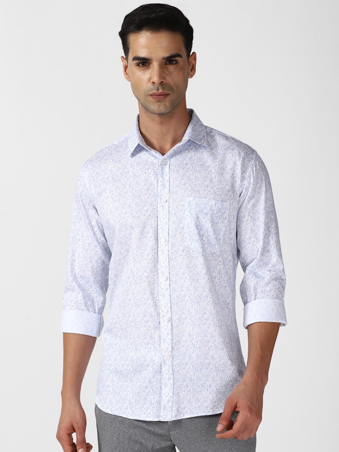 

V Dot Slim Fit Floral Printed Spread Collar Pure Cotton Casual Shirt, White