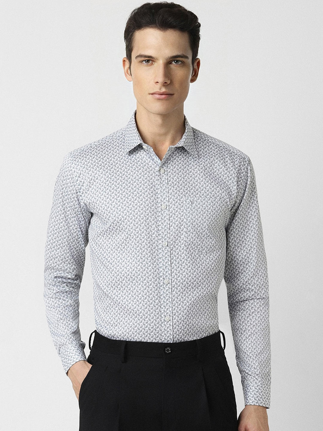 

V Dot Slim Fit Micro Ditsy Printed Spread Collar Casual Shirt, White