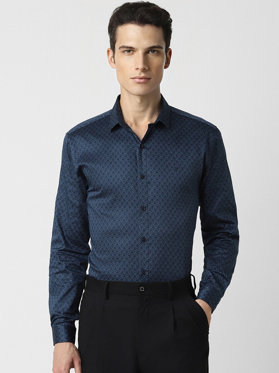 

V Dot Slim Fit Micro Ditsy Printed Spread Collar Casual Shirt, Navy blue