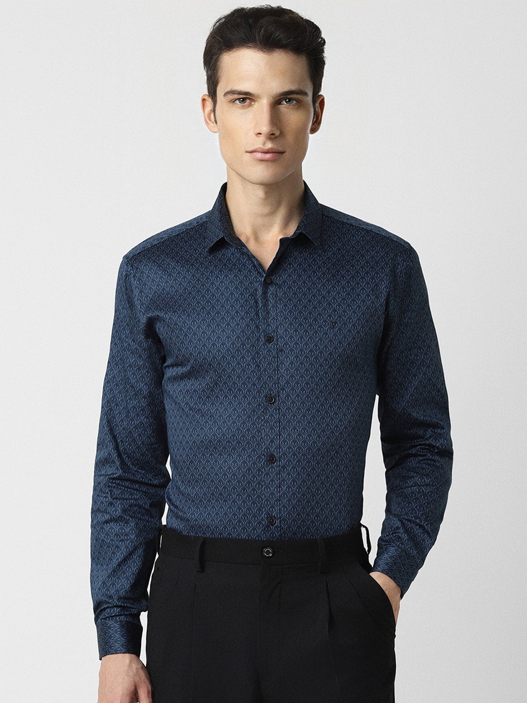 

V Dot Slim Fit Ethnic Motif Printed Formal Shirt, Navy blue