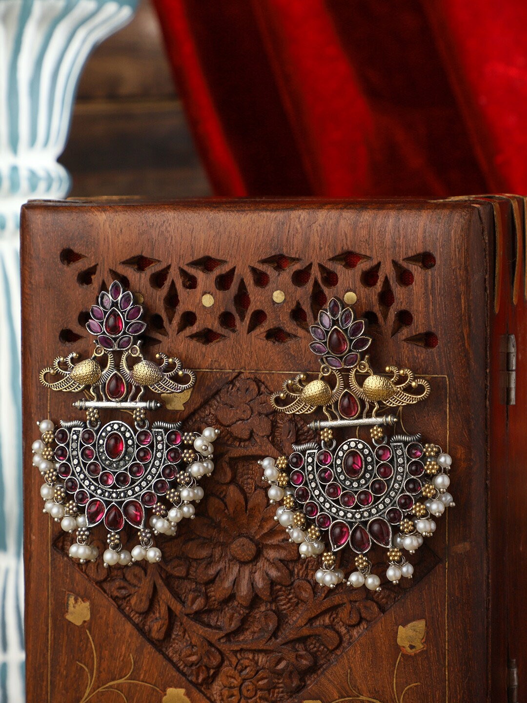 

PATOLA BY VJ Silver-Plated Stone-Studded Beaded Oxidised Contemporary Drop Earrings