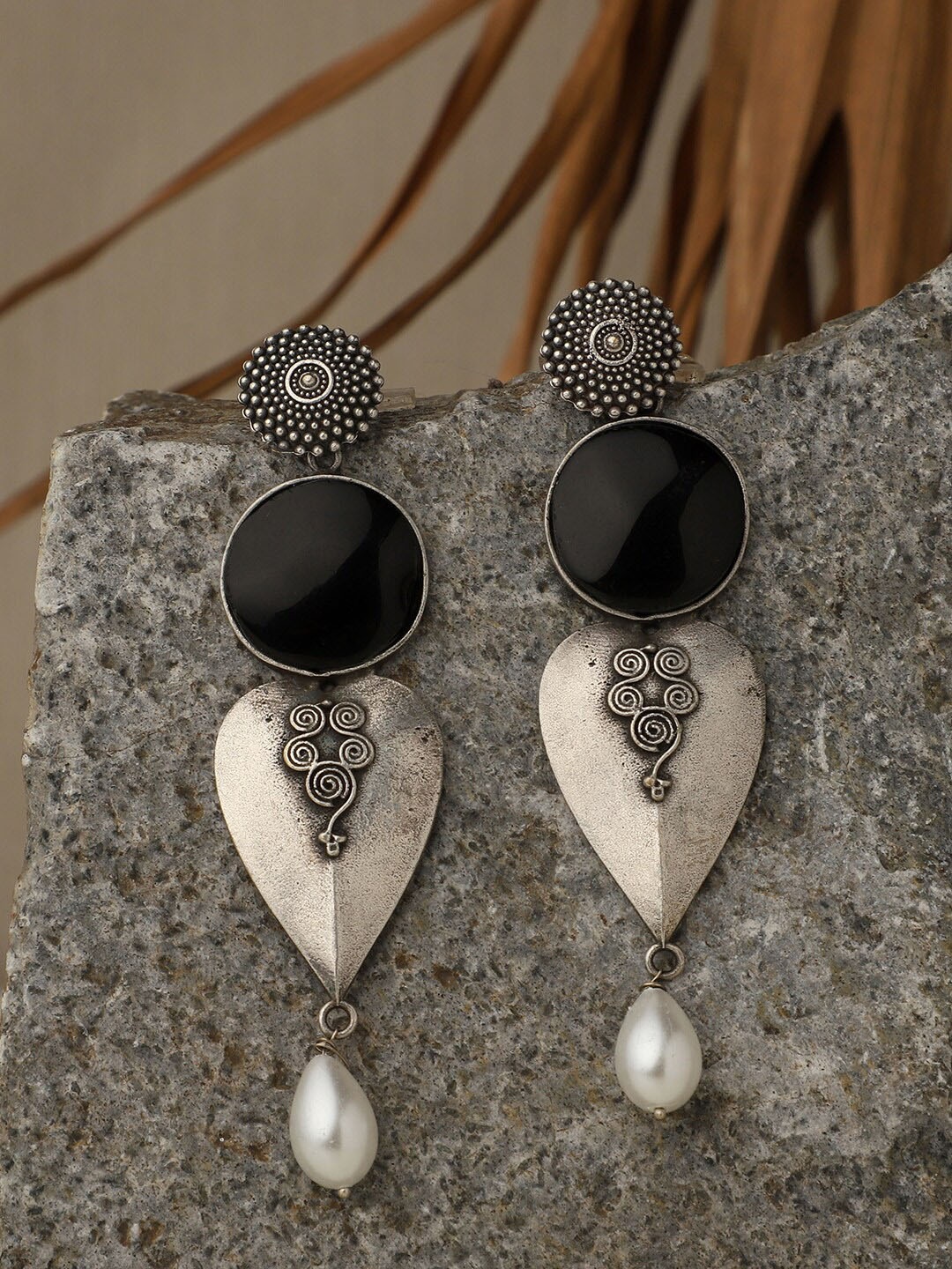 

PATOLA BY VJ Silver-Plated Beaded Contemporary Drop Earrings