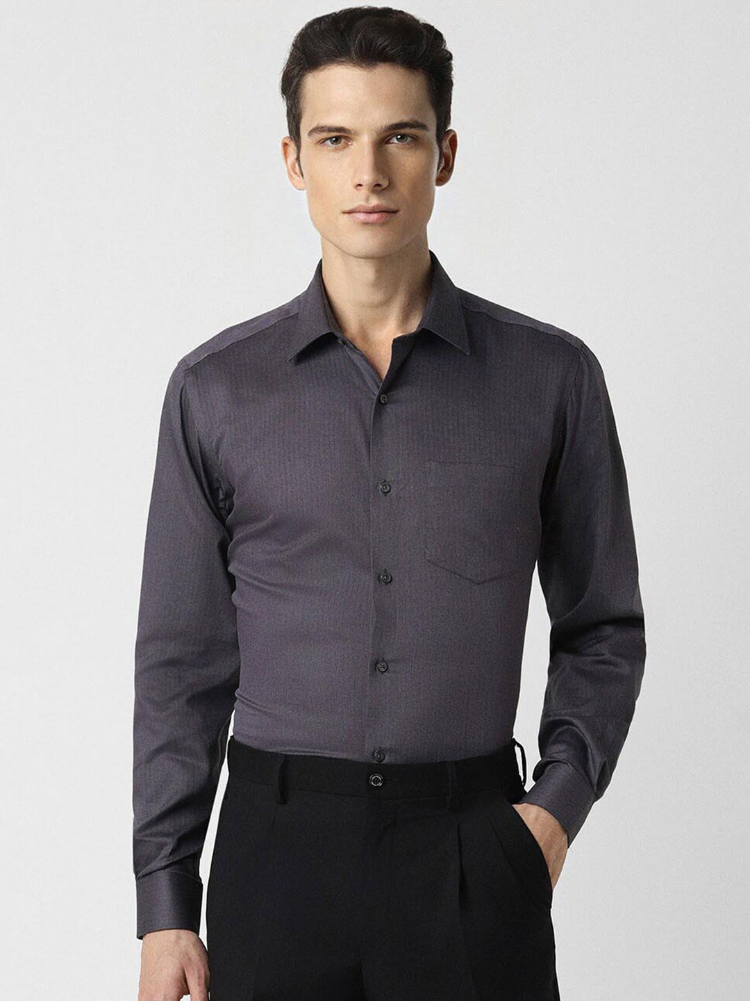 

Van Heusen Regular Fit Geometric Textured Long Sleeves Pure Cotton Formal Shirt, Grey