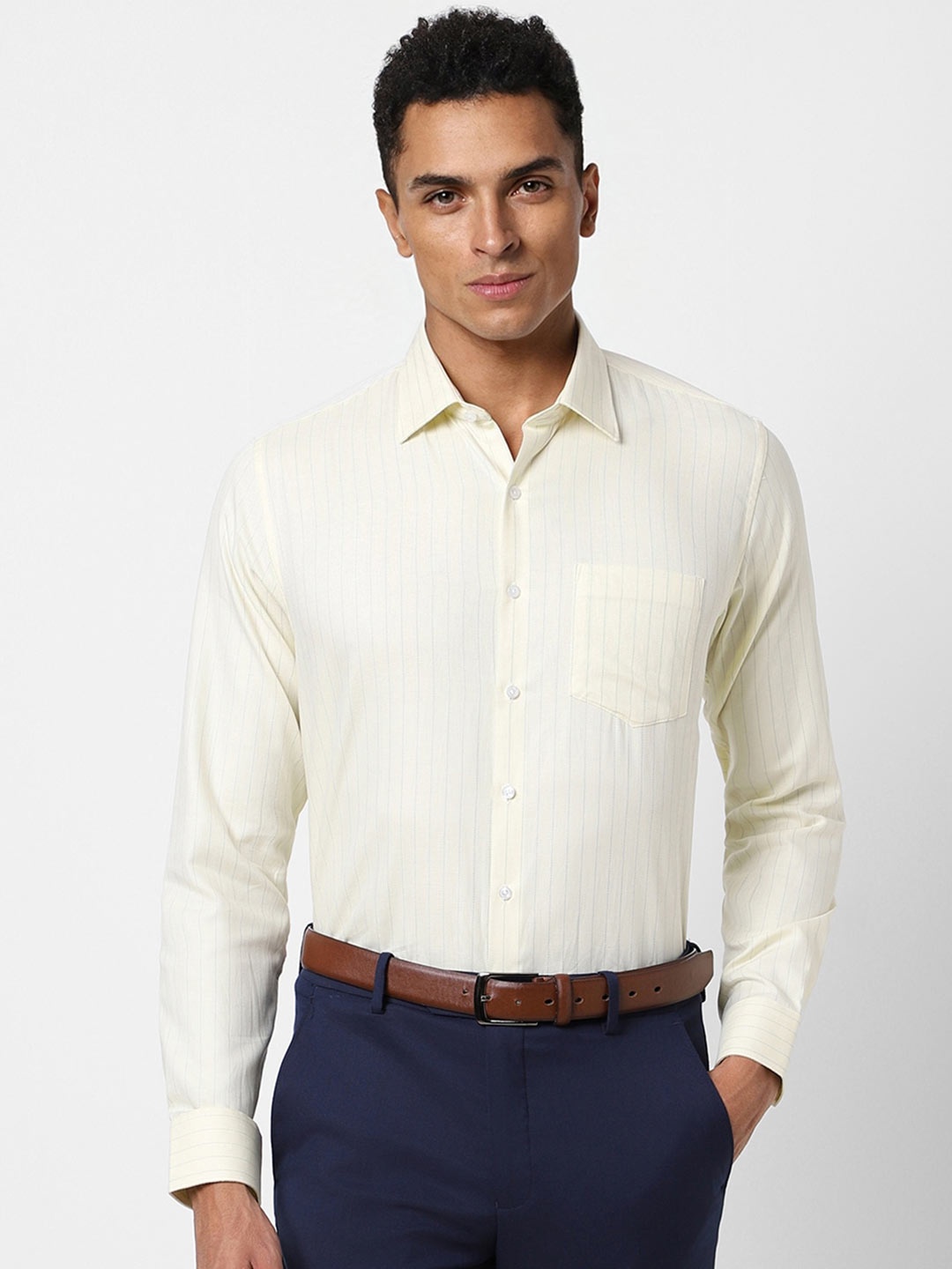 

Van Heusen Slim Fit Vertical Striped Pure Cotton Formal Shirt, Yellow