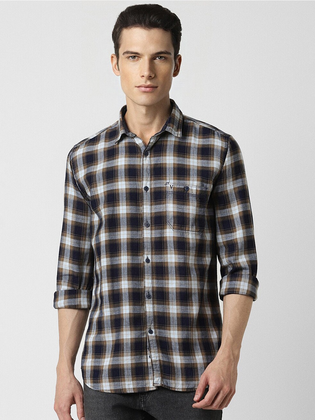 

VAN HEUSEN DENIM LABS Slim Fit Tartan Checks Cotton Casual Shirt, Black