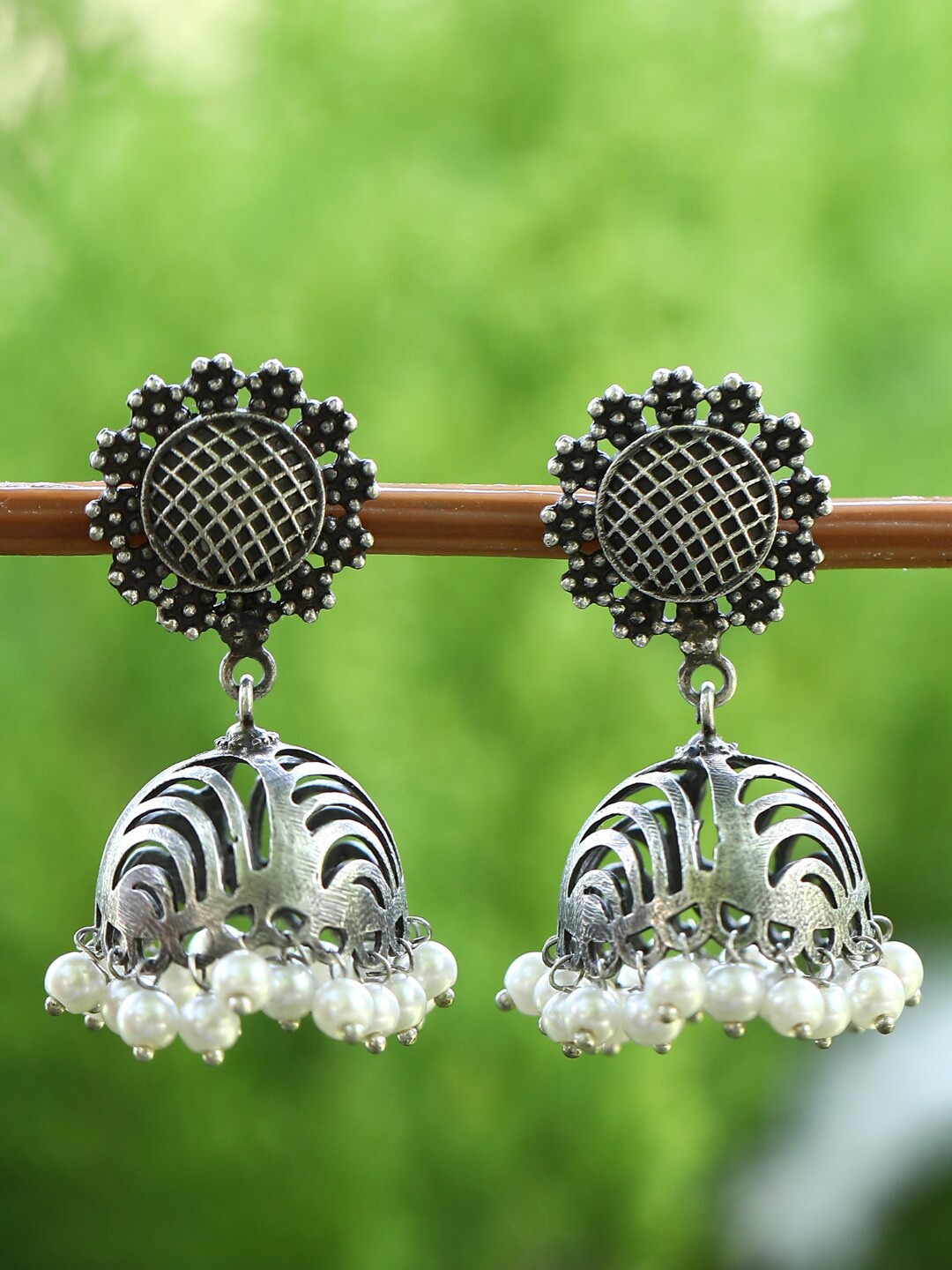 

Anouk Silver-Toned & White Silver-Plated Beads Beaded Oxidised Classic Jhumkas