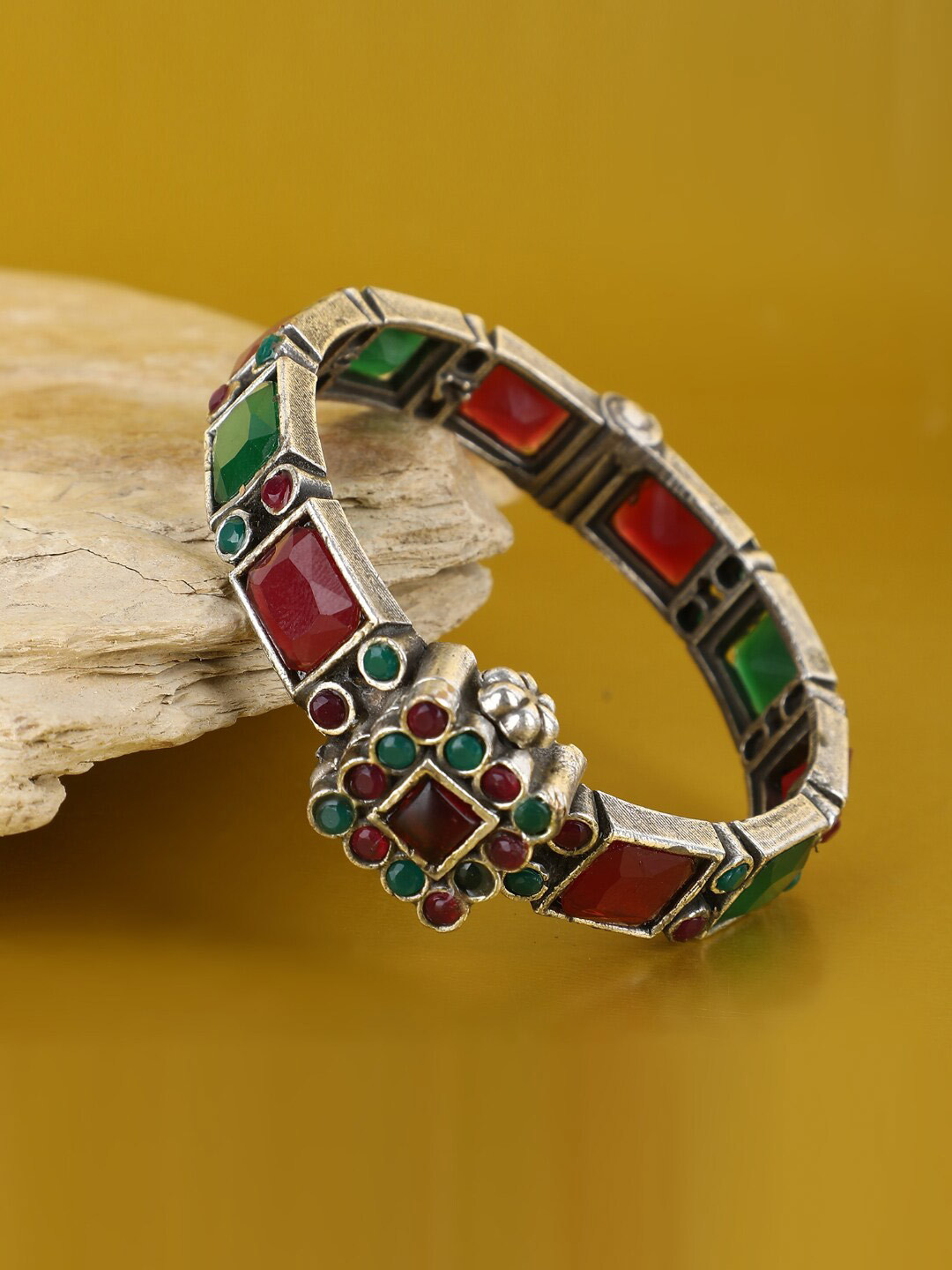

Anouk Red & Green Silver-Plated Stone Studded Oxidised Bangle-Style Bracelet