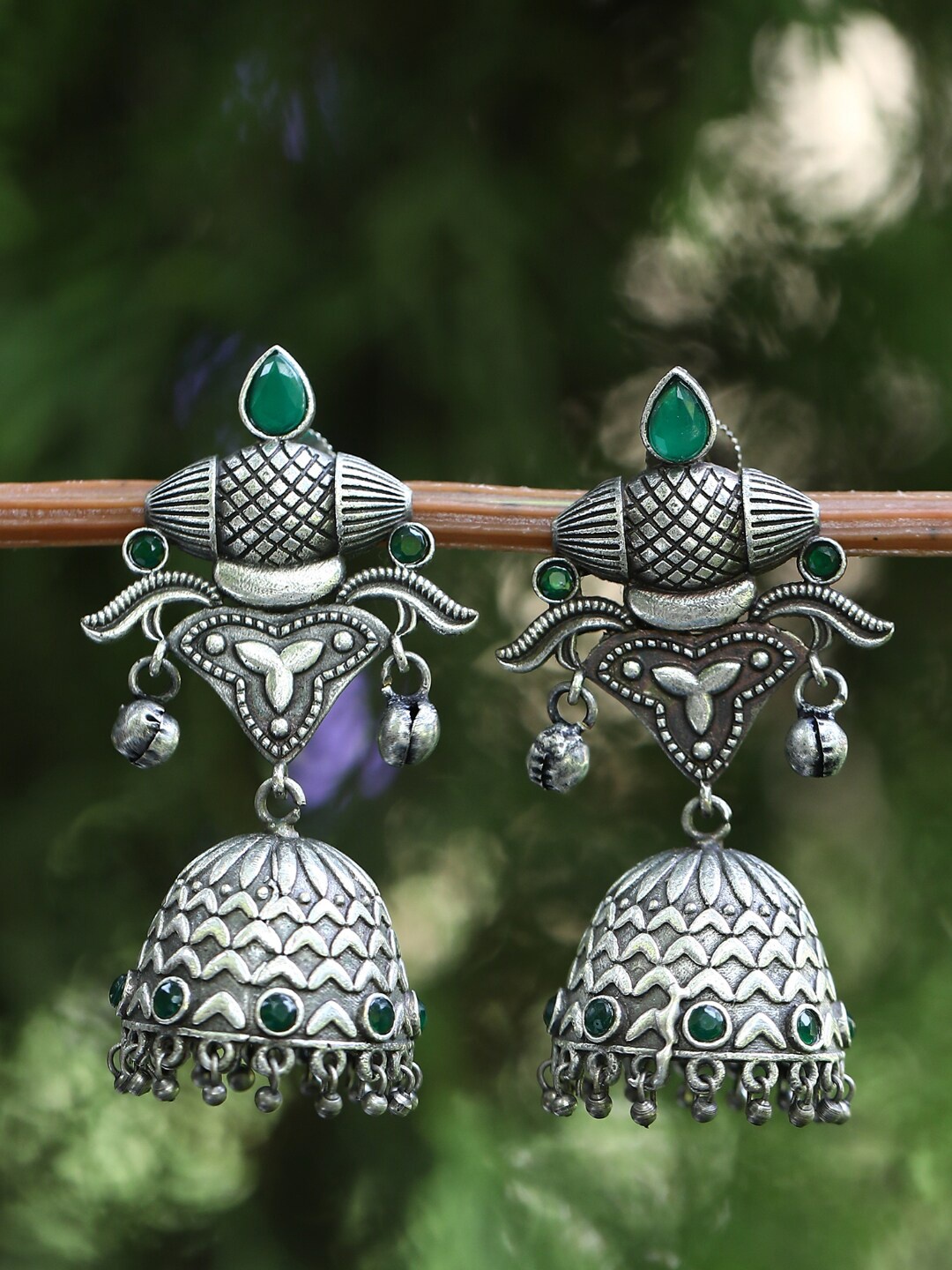 

Anouk Oxidised Silver-Plated Jhumkas, Green