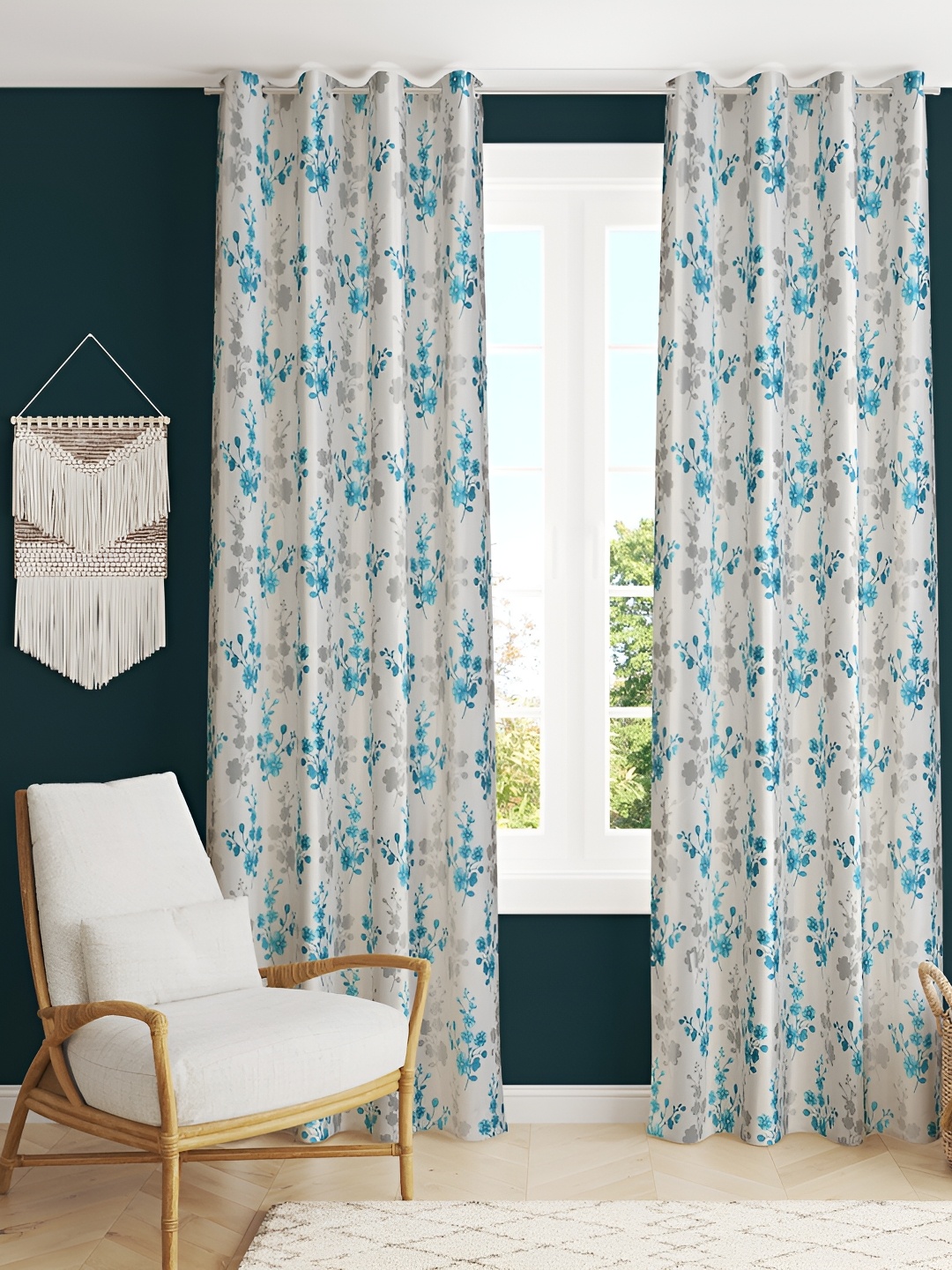 

LAFIONA Grey & White 2 Pieces Floral Room Darkening Window Curtains