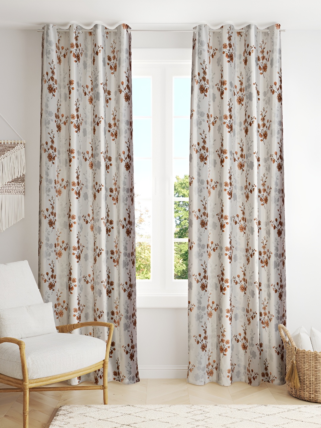 

LAFIONA Brown & Red 2 Pieces Floral Room Darkening Window Curtains