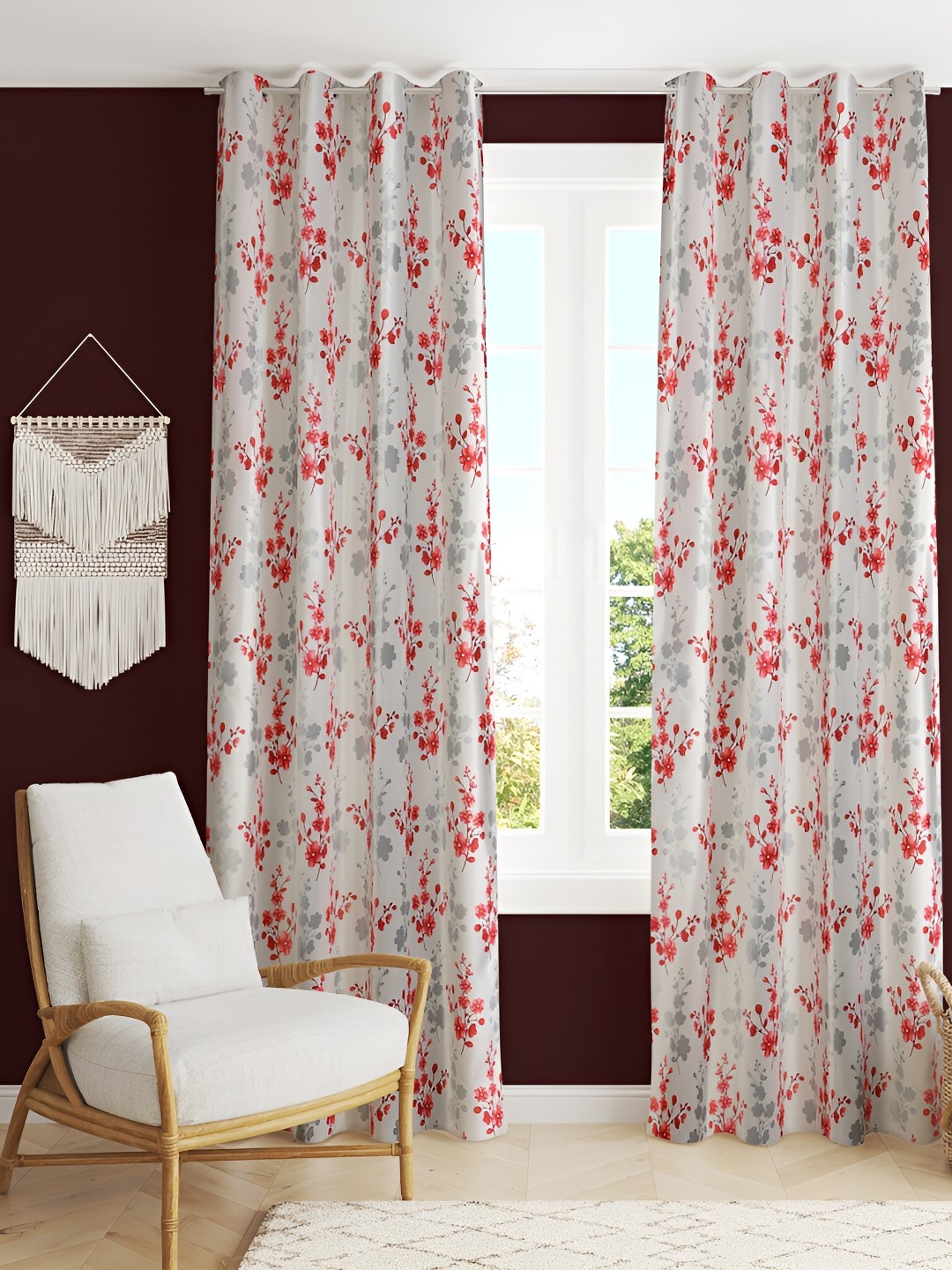 

LAFIONA Grey & Maroon 2 Pieces Floral Room Darkening Window Curtains