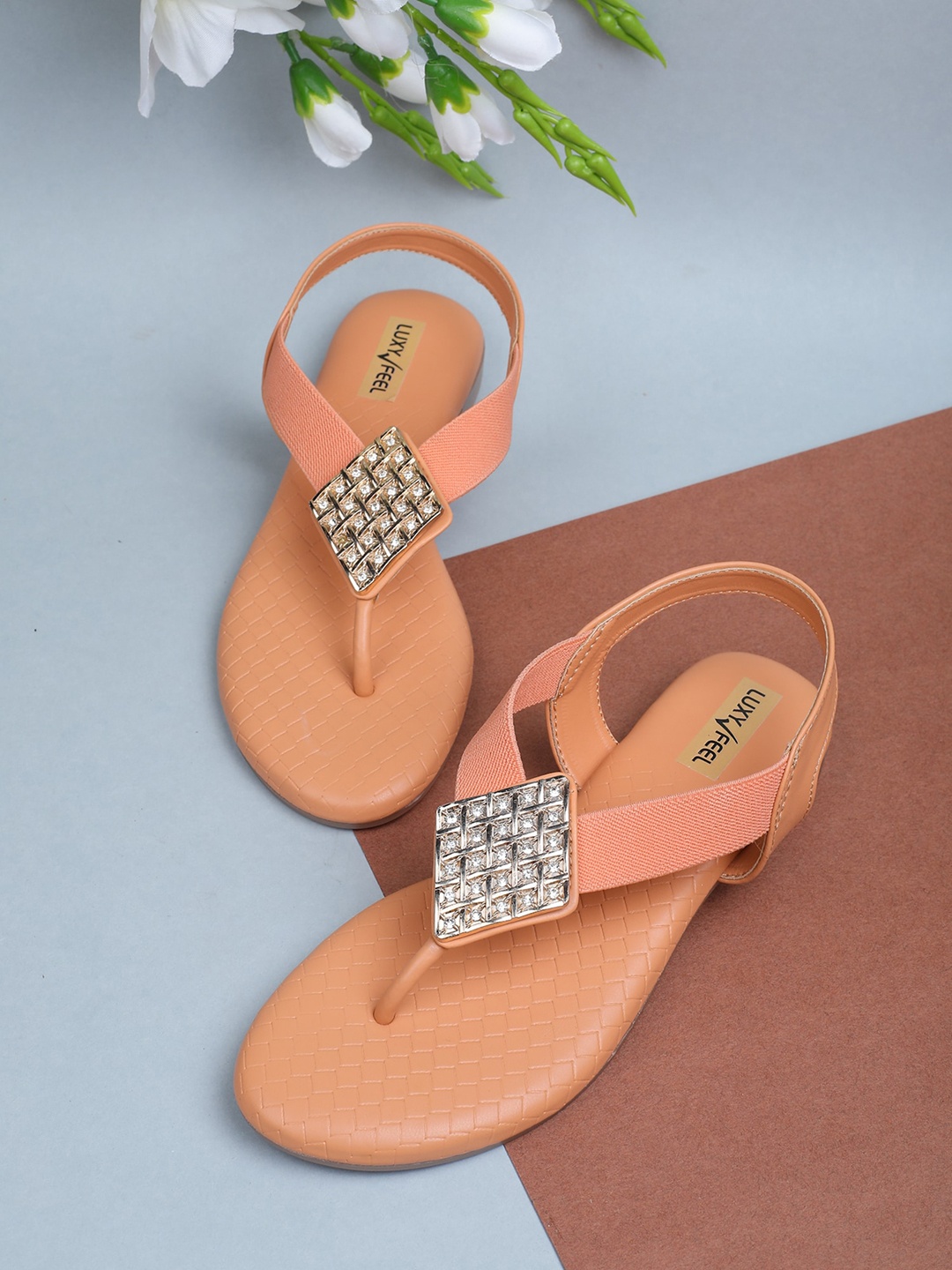 

Luxyfeel Embellished T-Strap Flats With Backstrap, Orange