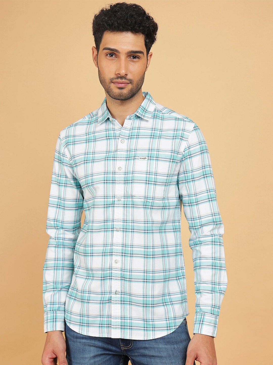 

Wrangler Tartan Checked Spread Collar Cotton Casual Shirt, Blue