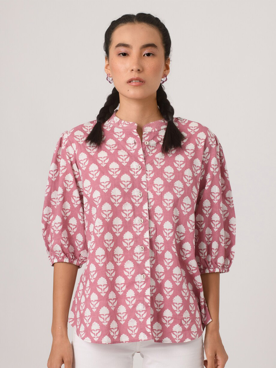 

Prakriti Jaipur Floral Printed Mandarin Collar Cotton Shirt, Pink