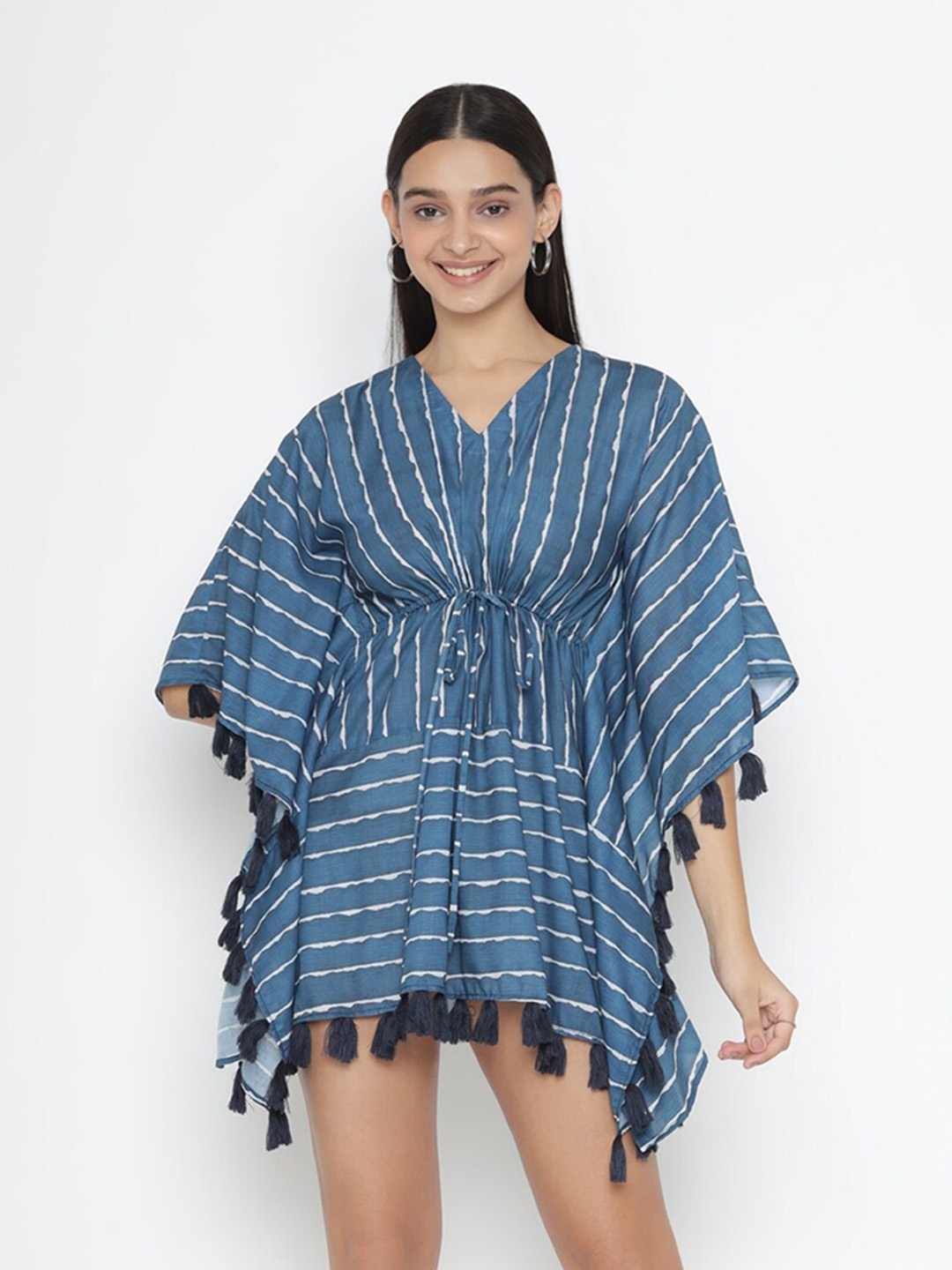 

SEW YOU SOON Striped Kimono Sleeves Cotton Kaftan Mini Dress, Blue