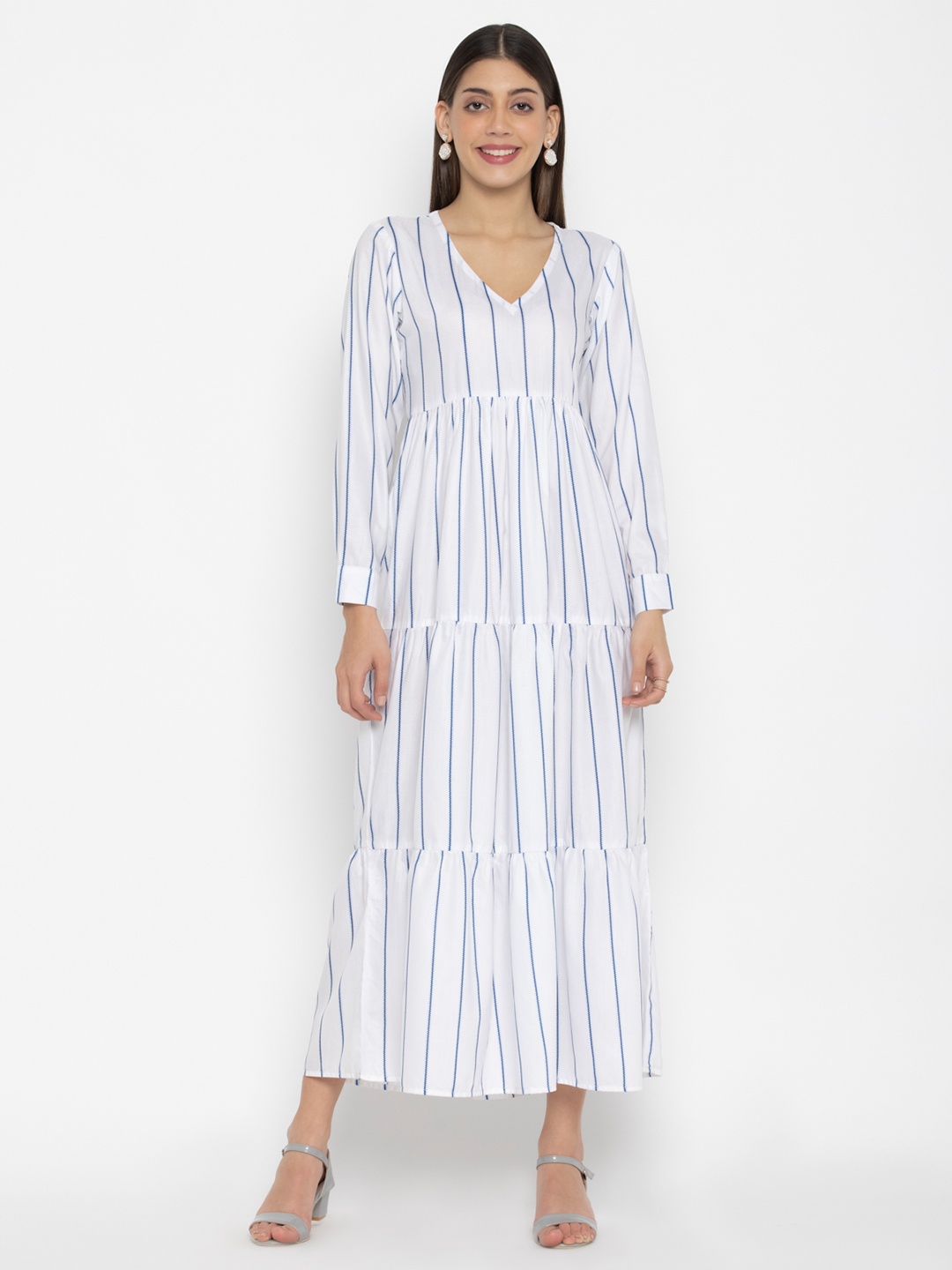SEW YOU SOON Vertical Striped V-Neck Fit & Flared Dress, White